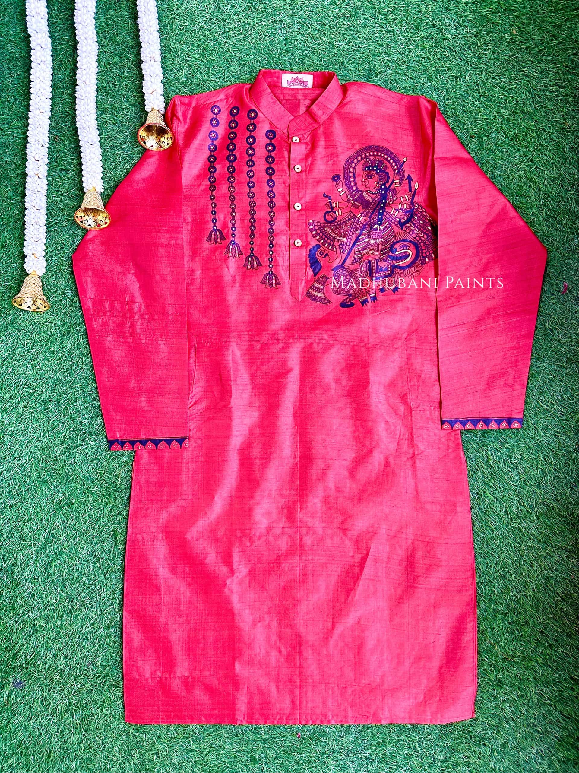 UTKARSHINI Hand-painted Handloom Red Men's Tussar Silk Kurta — image 4 of 5