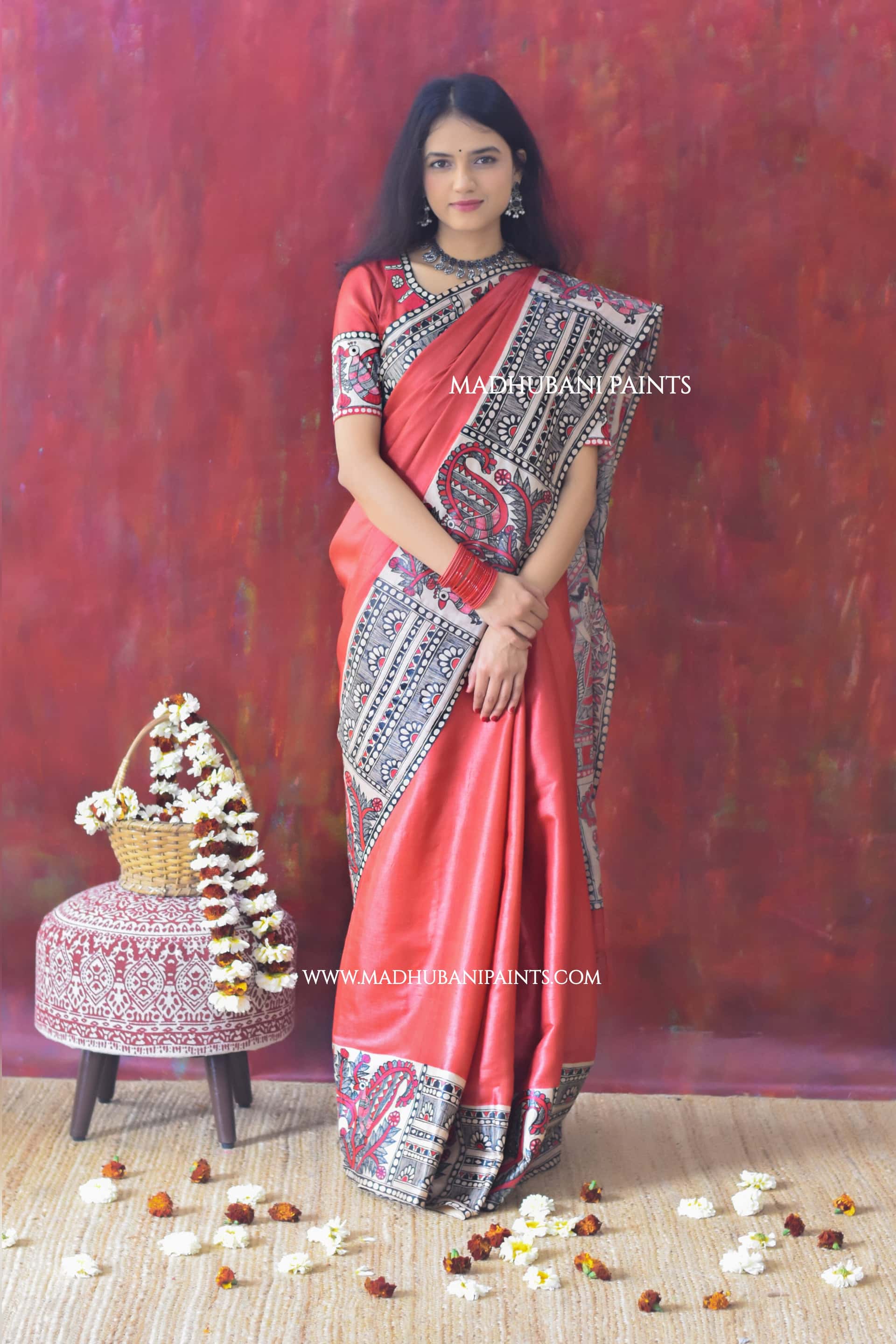 RED BENGALI WEDDING Hand-painted Madhubani Tussar Silk Saree — image 5 of 8