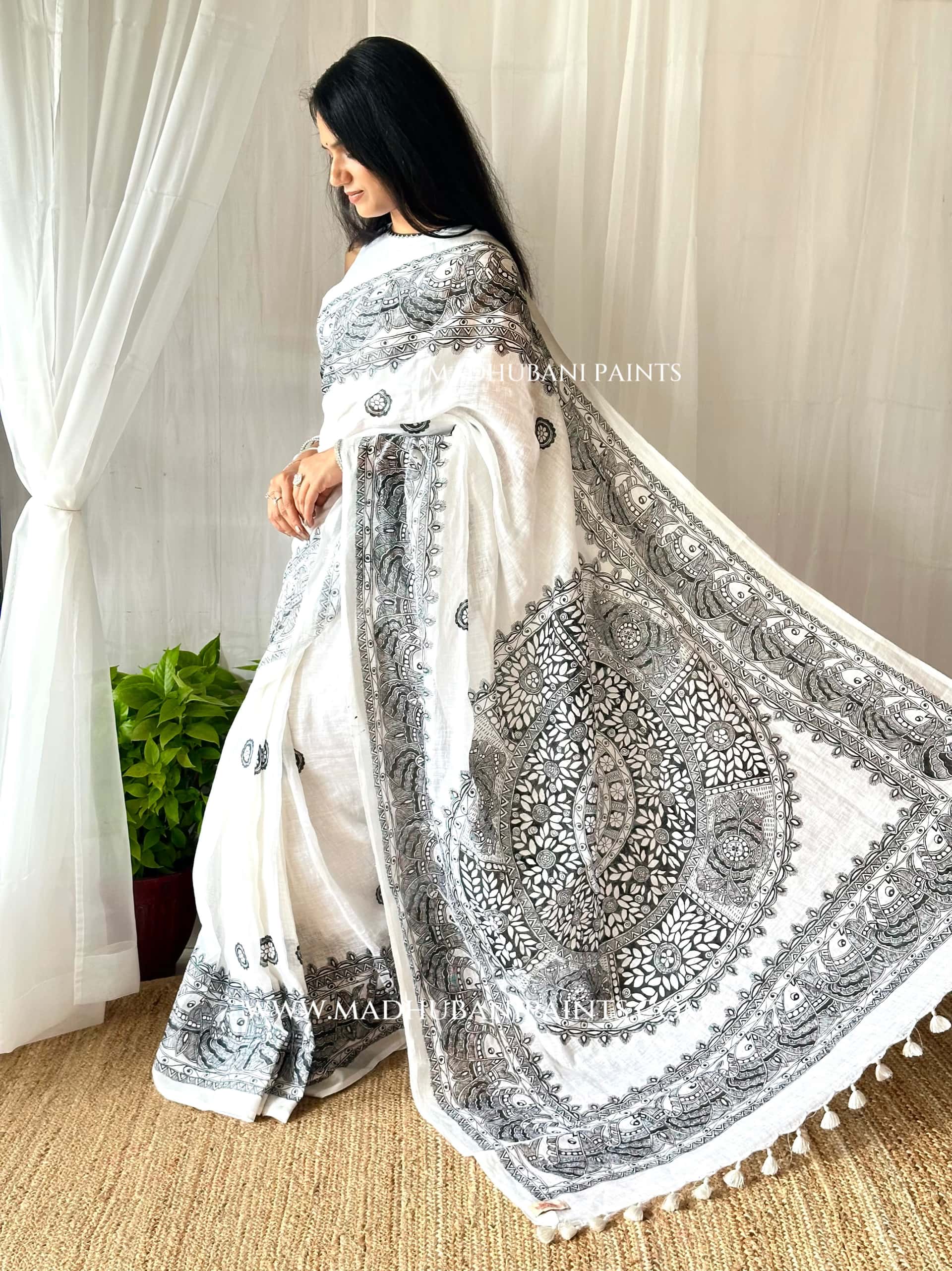 Linen Sagar Shringar Hand-painted Madhubani Painting Saree — image 11 of 11