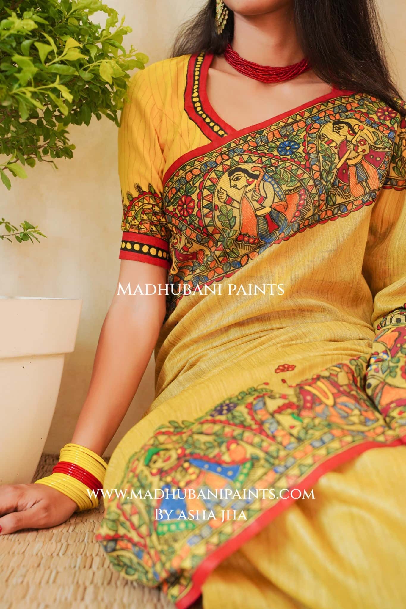 'VISHNU NARAYAN' Handpainted Madhubani Chanderi Saree Blouse Set — image 3 of 7