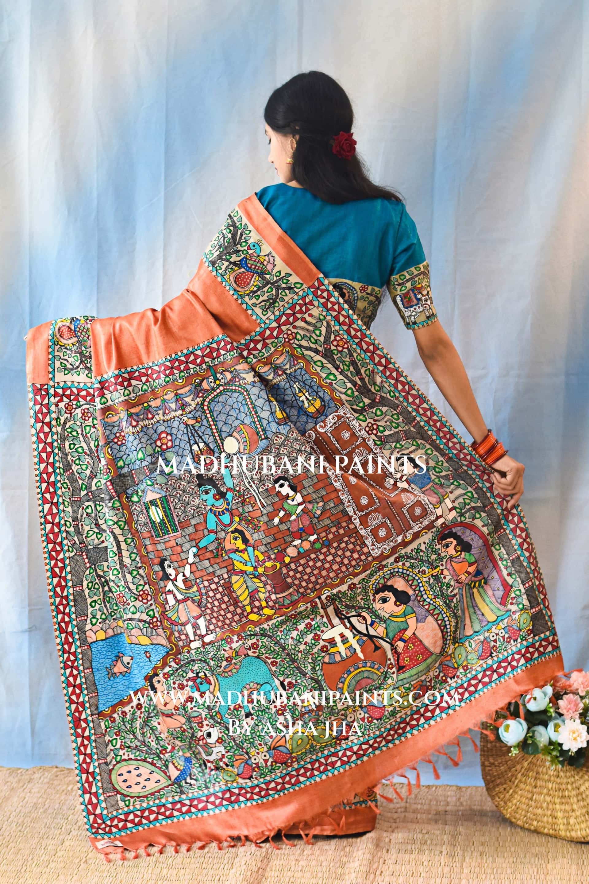 KANHA KI MAAKHAN LEELA Handpainted Madhubani Tussar Silk Saree Blouse Set — image 6 of 10