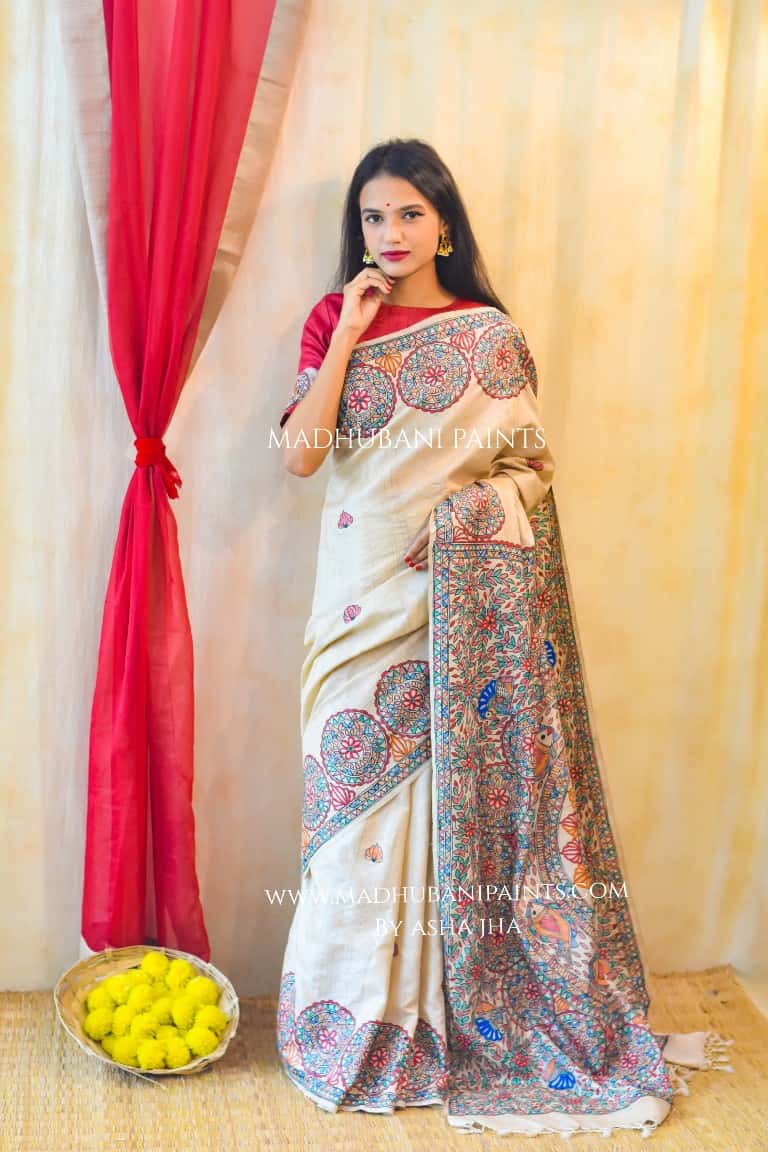 'MATSYA NRITYA'  Handpainted Madhubani Tussar Silk Saree — image 5 of 8