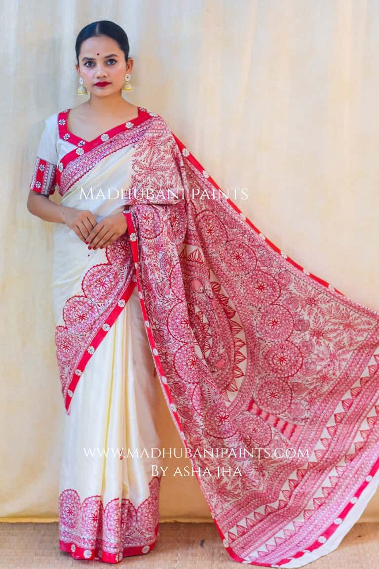 Manik Raina Handpainted Madhubani Tussar Silk Saree Blouse Set — image 3 of 10