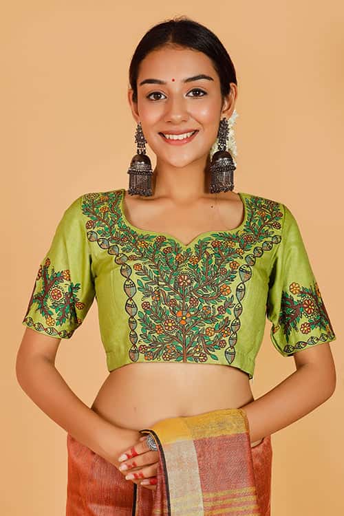 'Doli Bidai' Handpainted Madhubani Tussar Silk Blouse — image 3 of 7