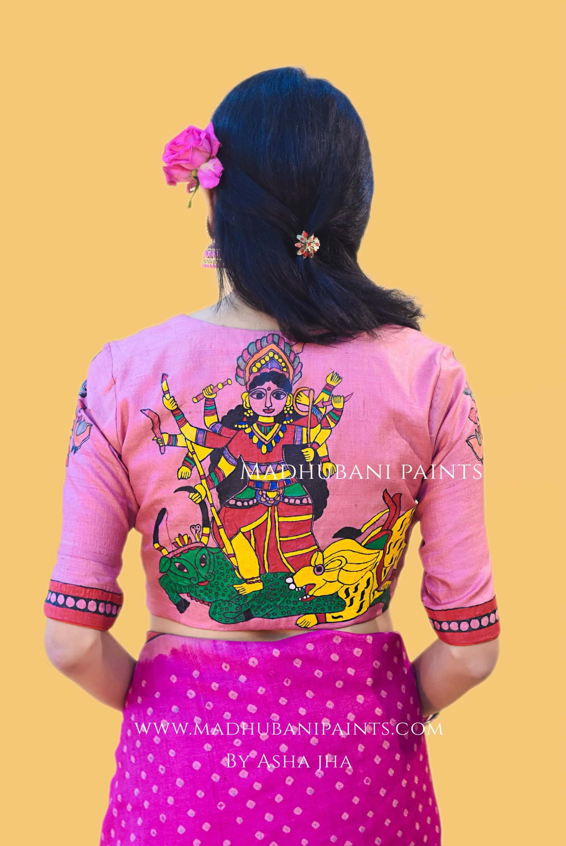 "GULABI DURGA" Handpainted Madhubani Bandhini Tussar Silk Saree Blouse set — image 2 of 9