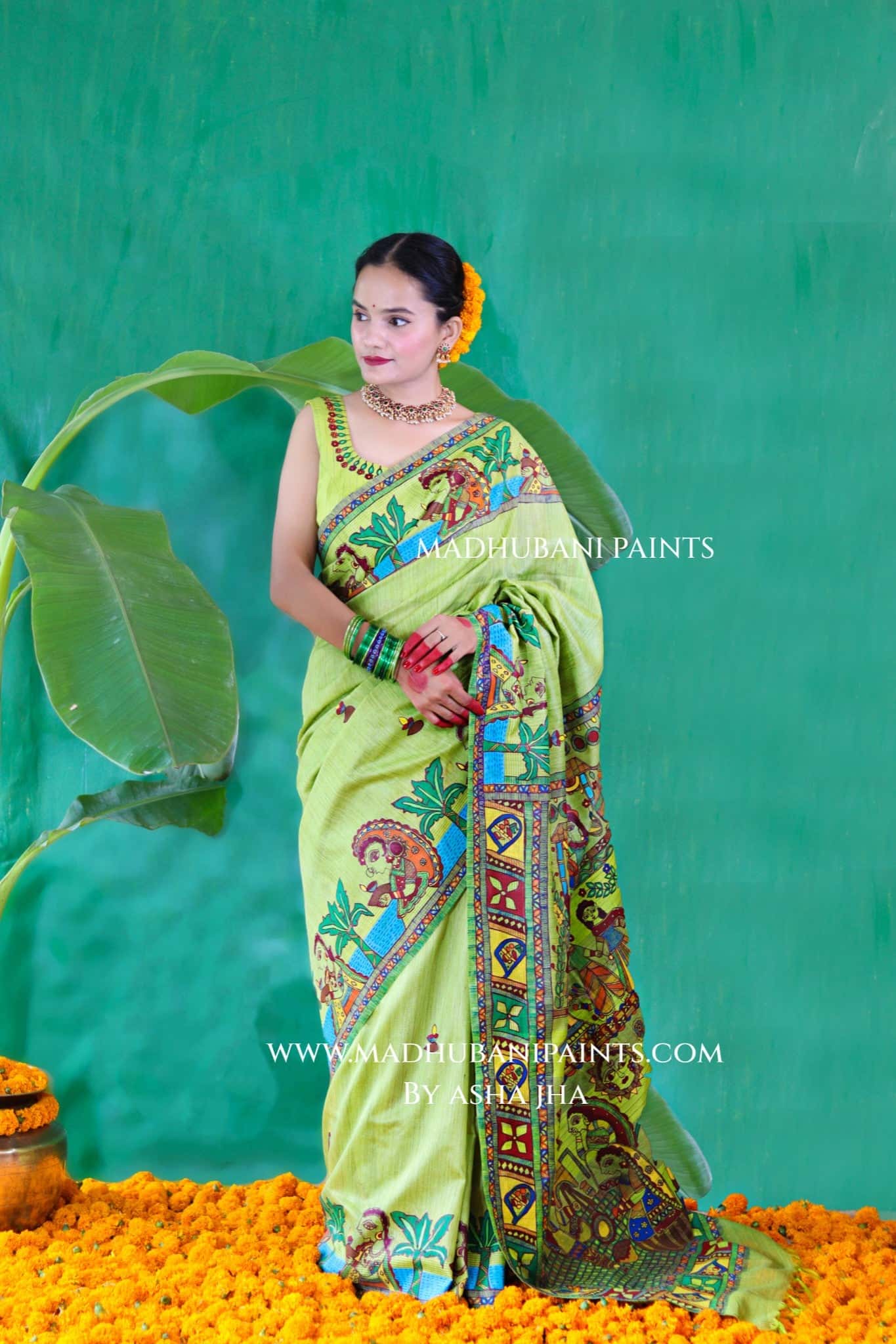 HARIYALI CHHATH Handpainted Madhubani Chanderi Saree Blouse Set — image 6 of 11