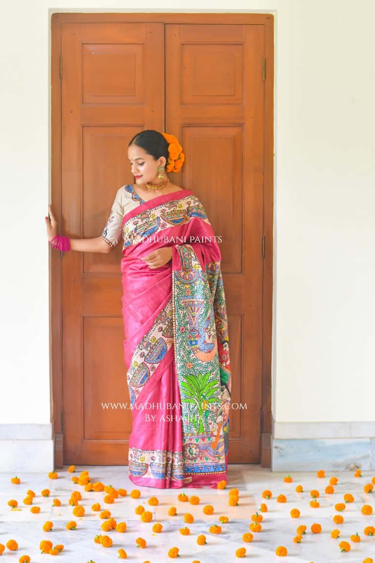 GAYATRI Handpainted Madhubani Saree Blouse Set — image 3 of 11