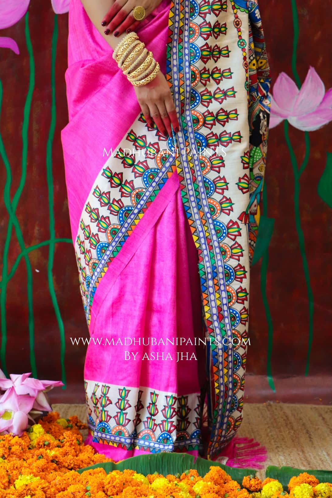 'PADMANABHA SAHODARI' Handpainted Madhubani Tussar Silk Saree Blouse Set — image 3 of 12