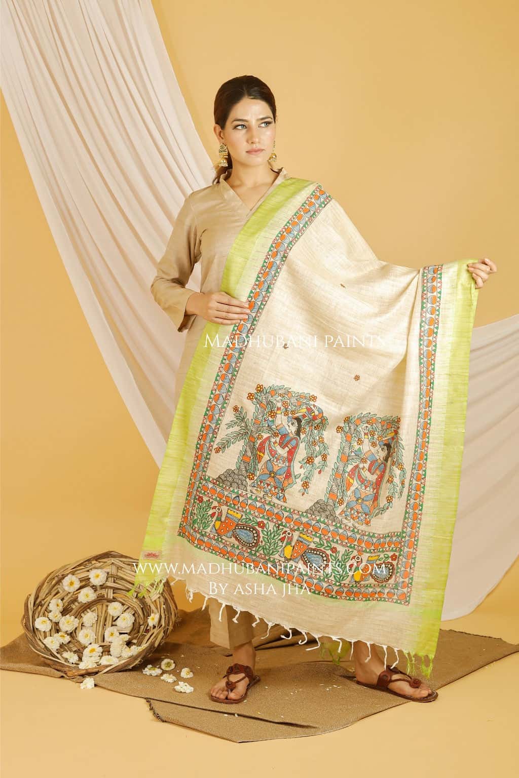 Lady In Garden Madhubani Handpainted Pure Handloom Cotton Dupatta — image 3 of 5
