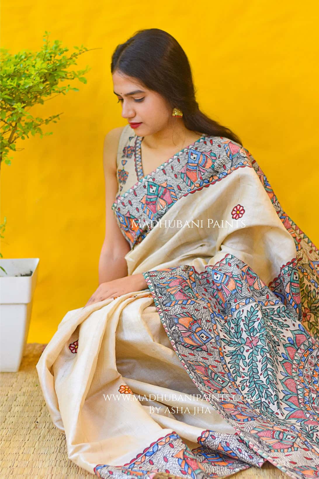 'MITHILA KI MAACH'  Hand-painted Madhubani Tussar Silk Saree — image 4 of 6