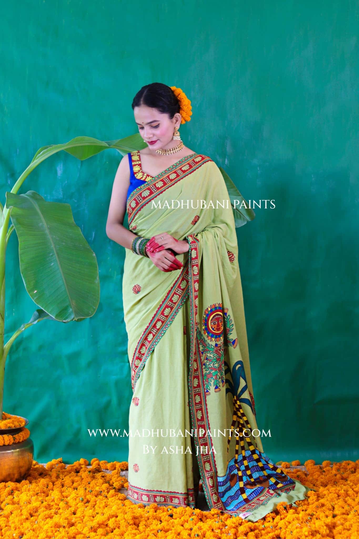 BHAKTI BHAVA Chhath Puja Hand painted Madhubani Cotton Saree — image 6 of 13