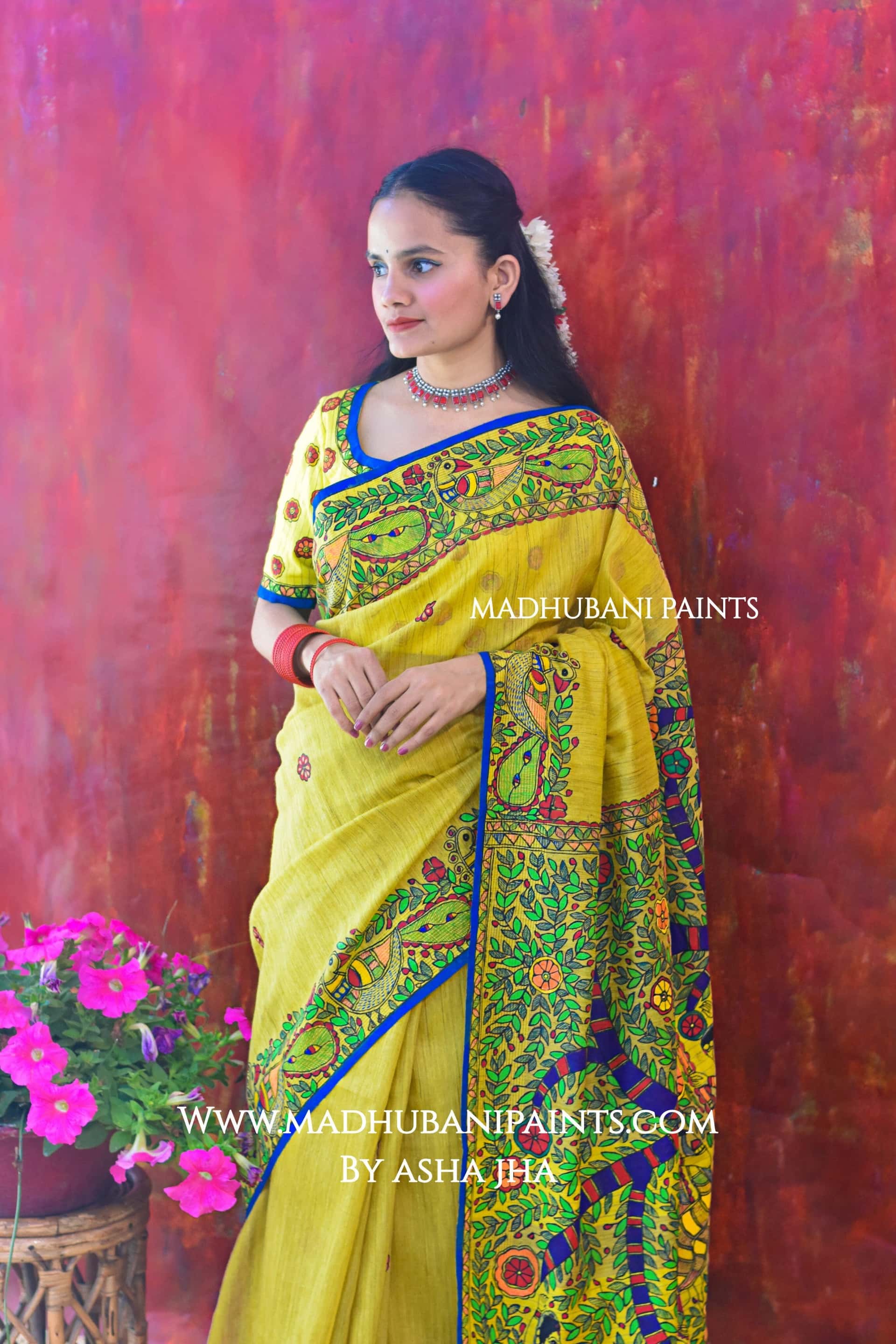 BRAJ KI BELA Hand-painted Madhubani Chanderi  Saree Blouse set — image 2 of 9