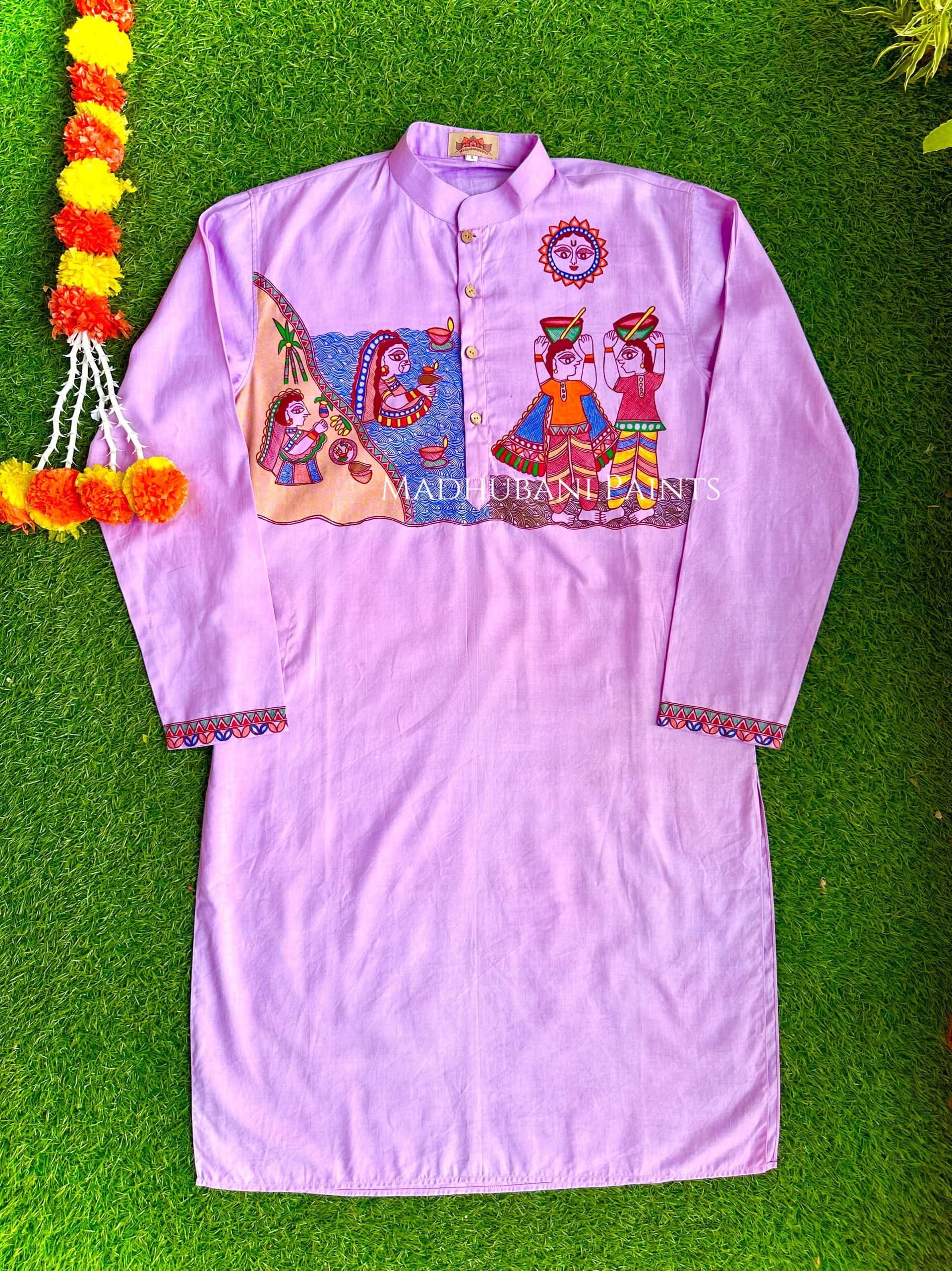 Purple Chhath Puja Hand-painted  Madhubani Men's Cotton Kurta — image 3 of 4