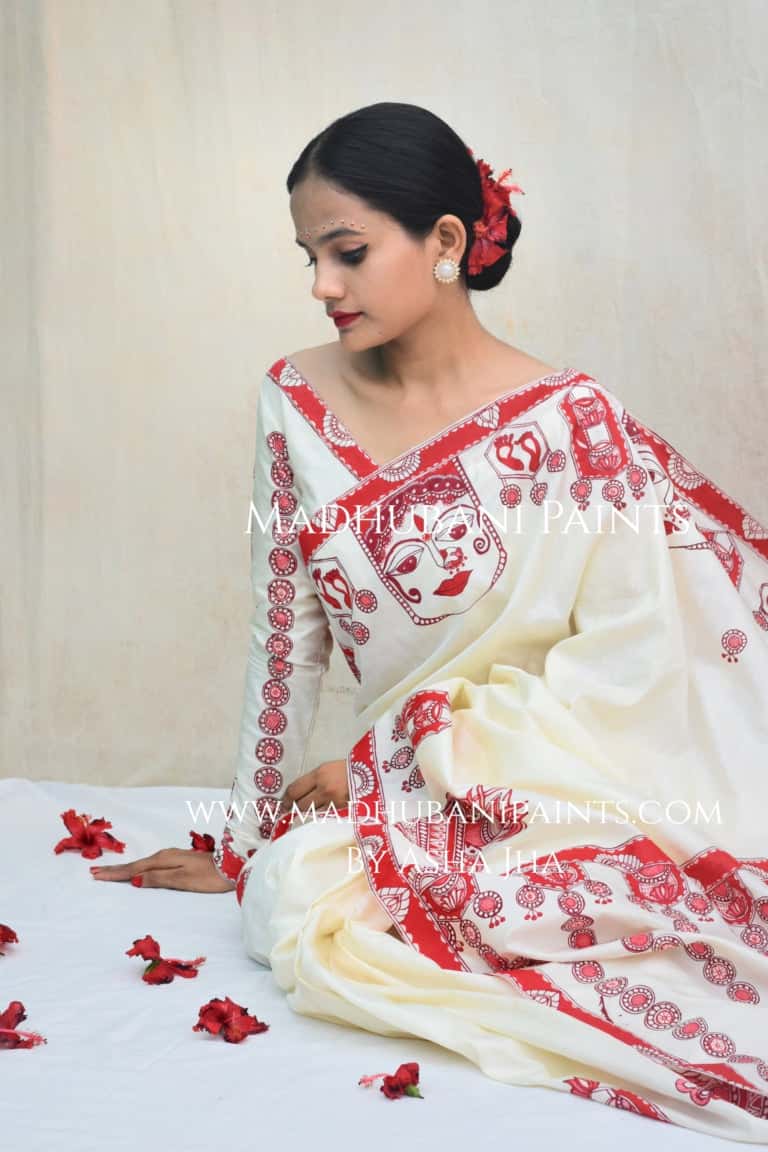 'BRAHMCHARINI' Handpainted Madhubani Bishnupuri Silk Saree Blouse Set — image 7 of 12