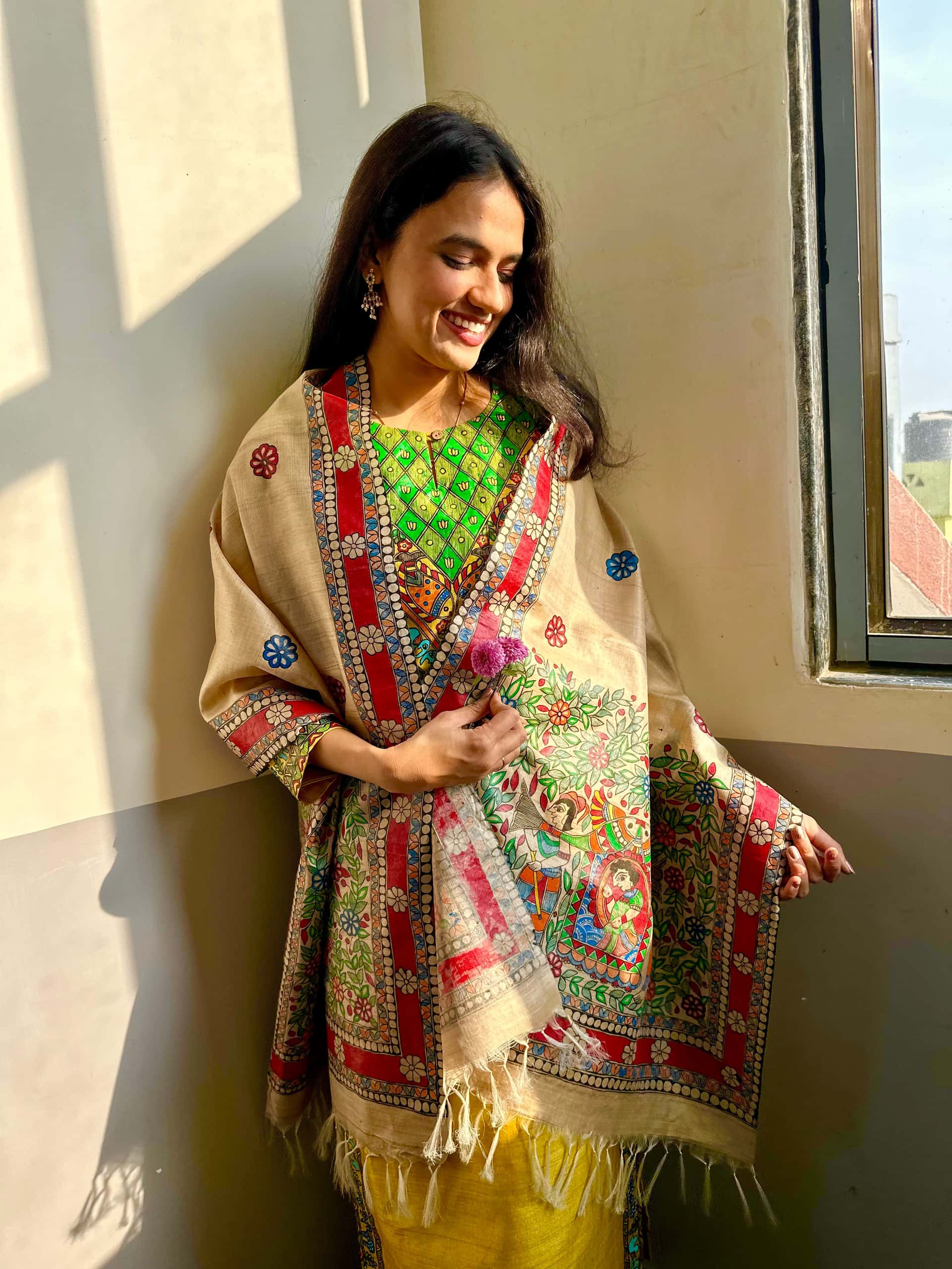 Bidaai Madhubani Hand-painted Tussar Silk Stole