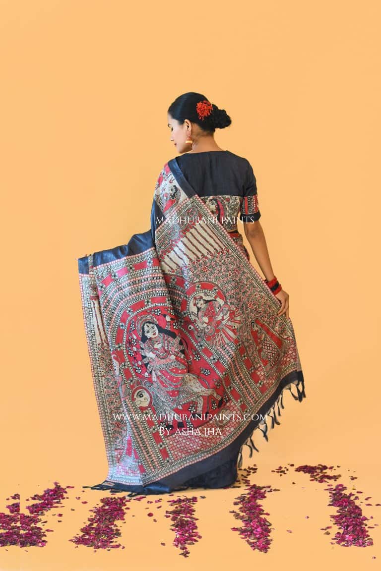 'NARAYANI' Handpainted Madhubani Tussar Silk Saree  Blouse Set — image 3 of 11