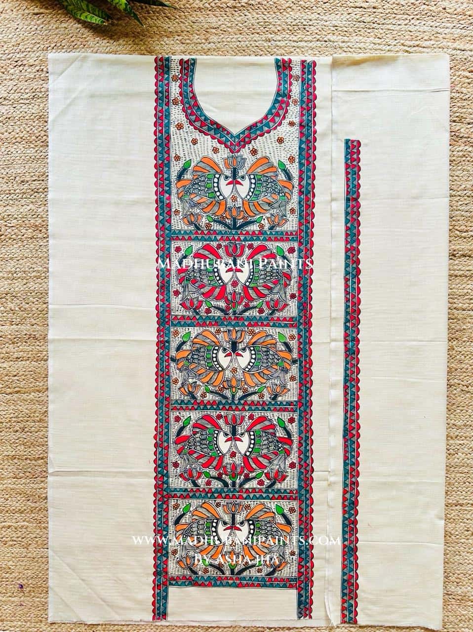 Manjari Hand-painted Madhubani Painting Cotton Unstitched Kurta Pant Dupatta Set — image 3 of 3
