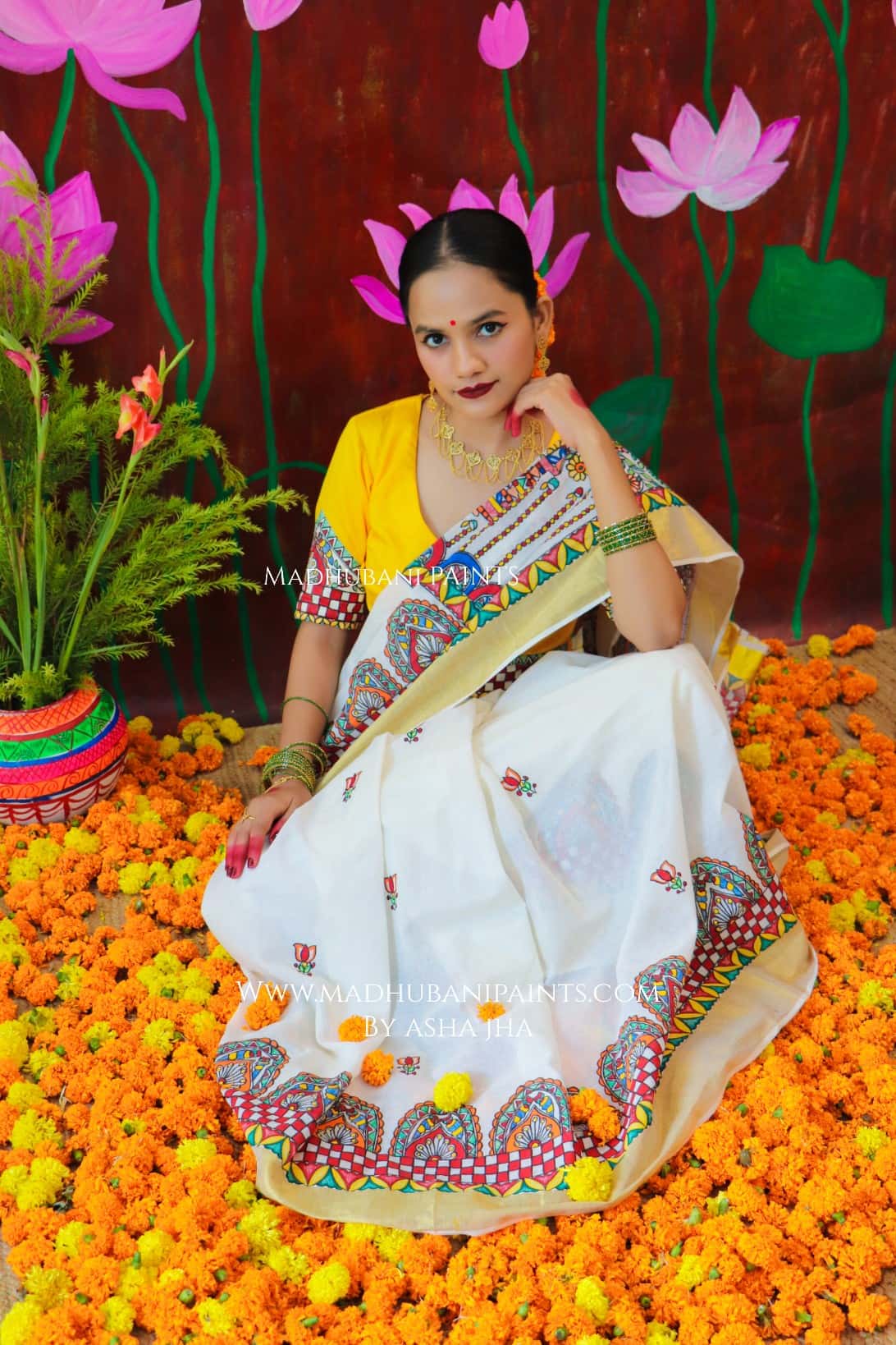 'ROOPVARDHINI' Handpainted Madhubani Cotton Saree Blouse Set — image 2 of 16