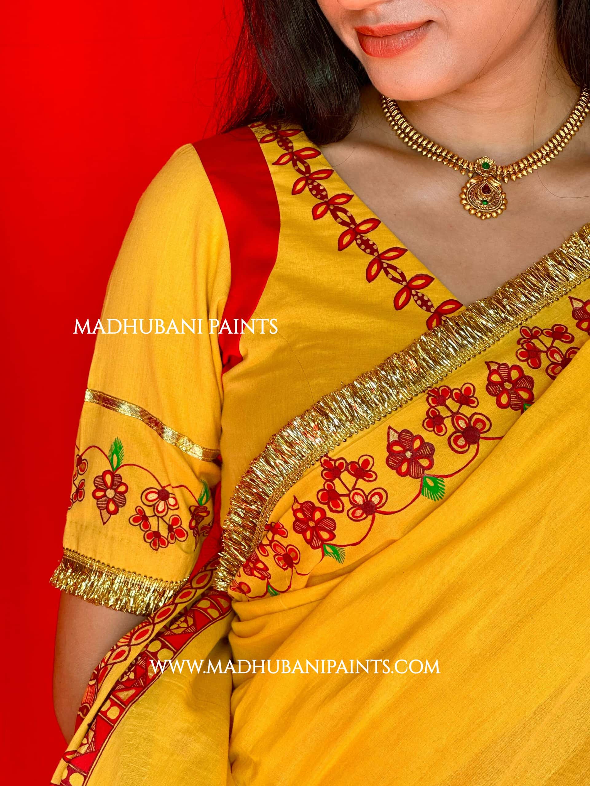 Swayambar Bihari Bridal Hand-painted Madhubani Painting Cotton Saree Blouse Set — image 3 of 12