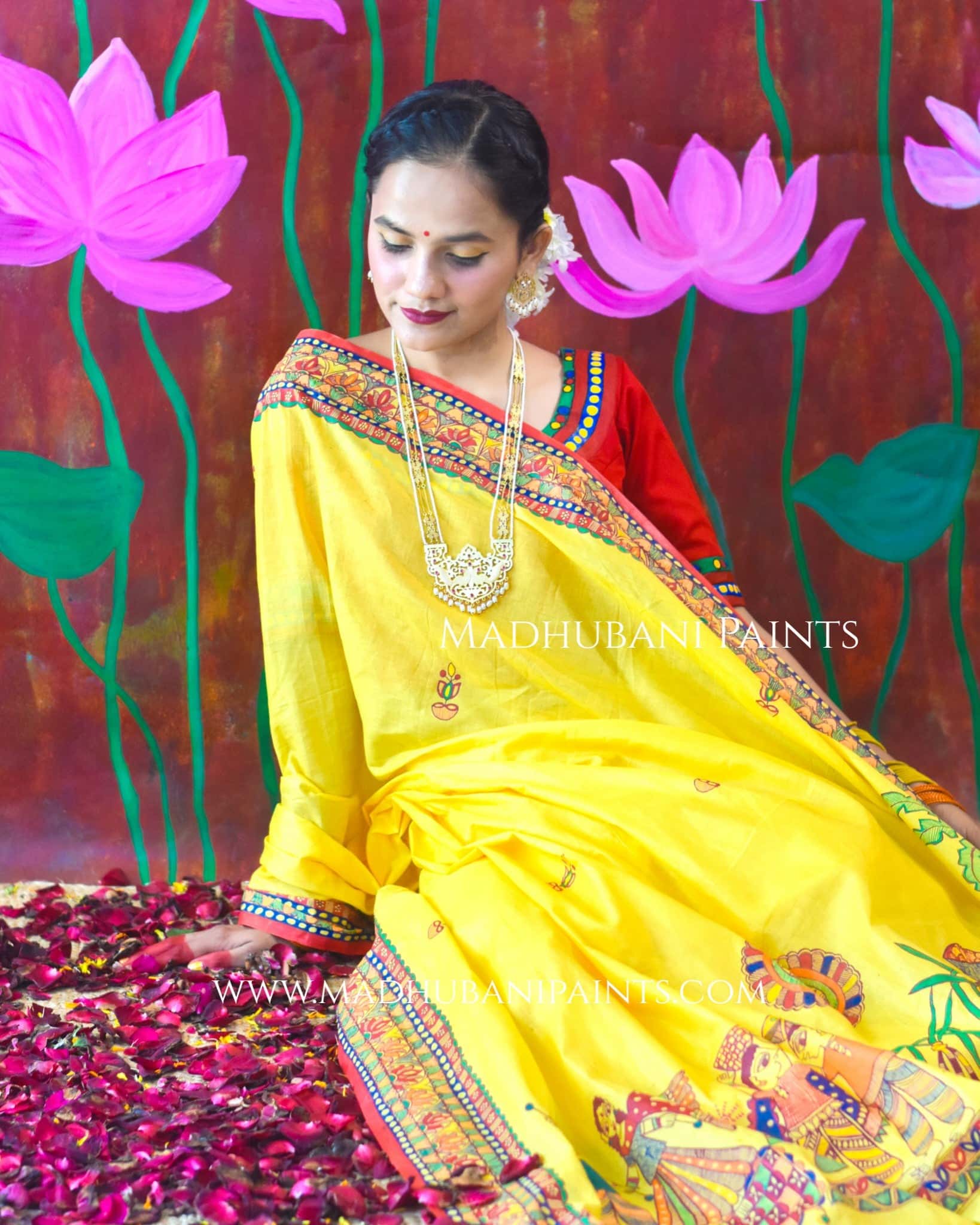 SURYA KIRAN Chhath Puja Hand painted Madhubani Cotton Saree Blouse Set — image 2 of 10