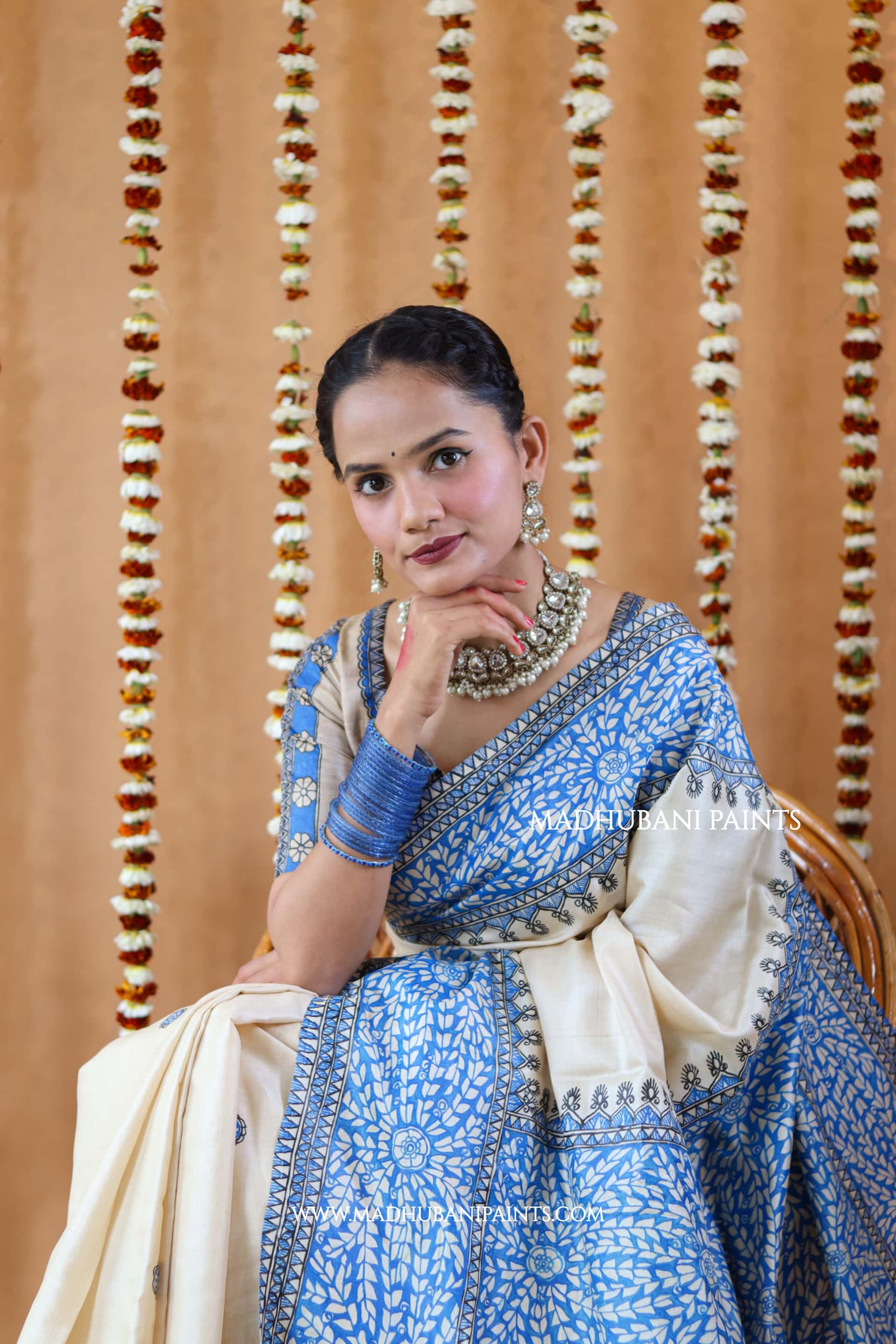 Blue Patta Handpainted Tussar Silk Saree — image 10 of 10