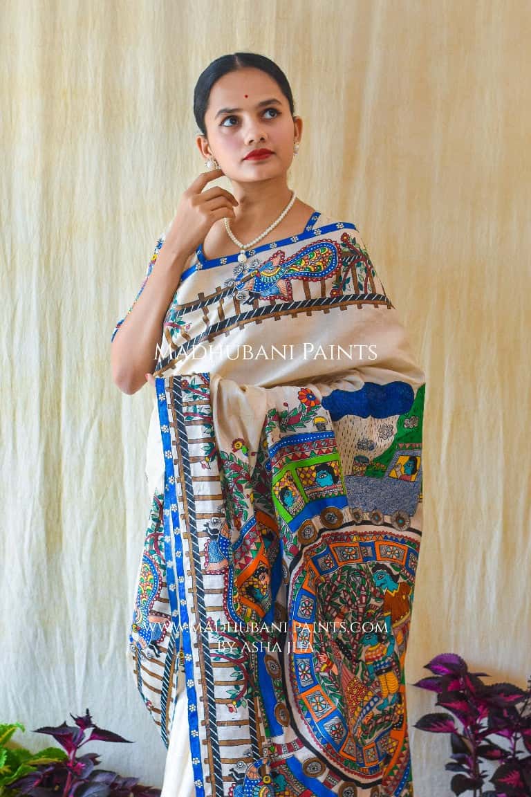 RAILGADI Handpainted Madhubani Painting Tussar Silk Saree — image 4 of 7