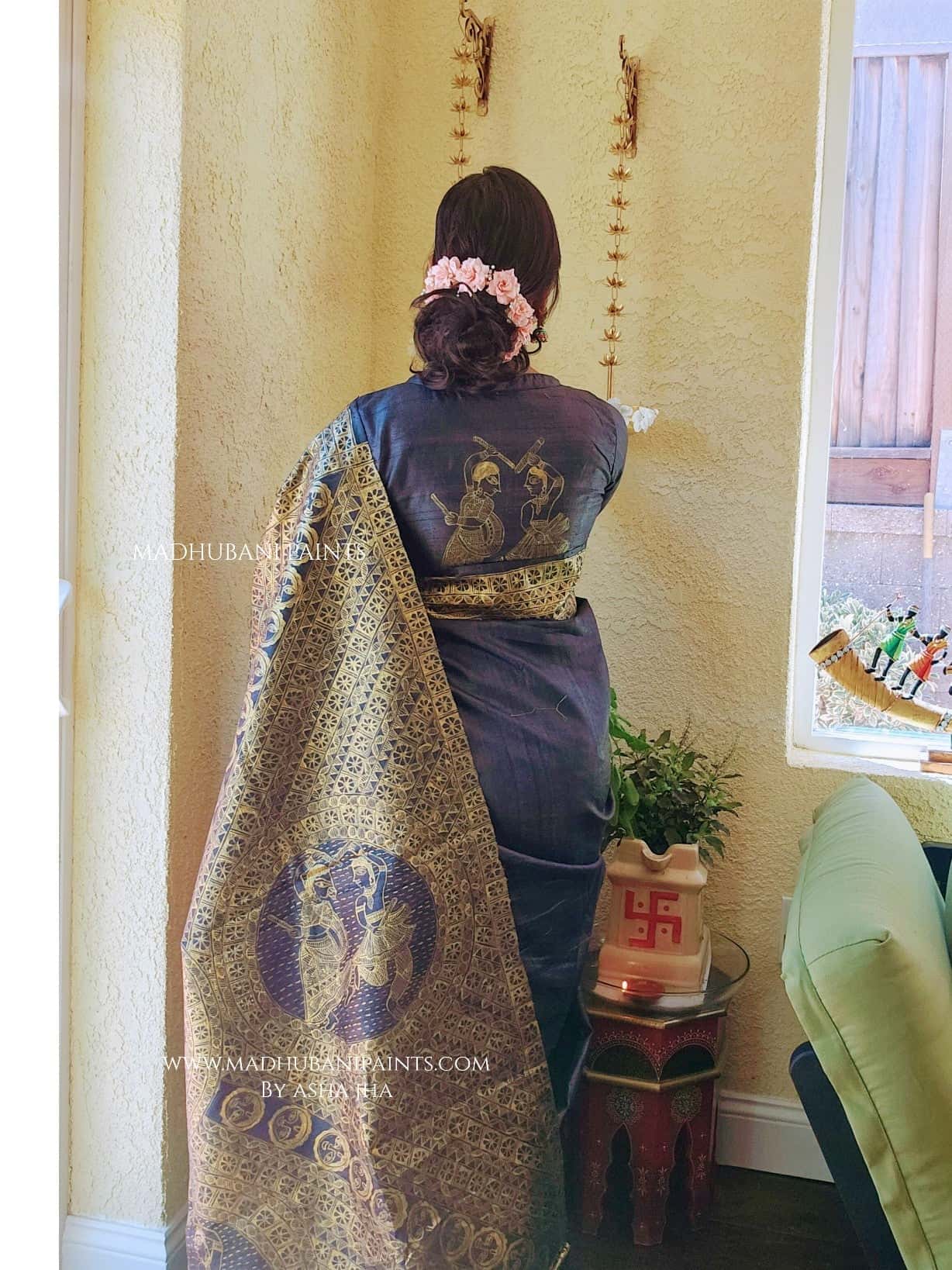 RADHA KRISHNA NRITYA Hand-painted Madhubani Tussar Silk Saree — image 4 of 9