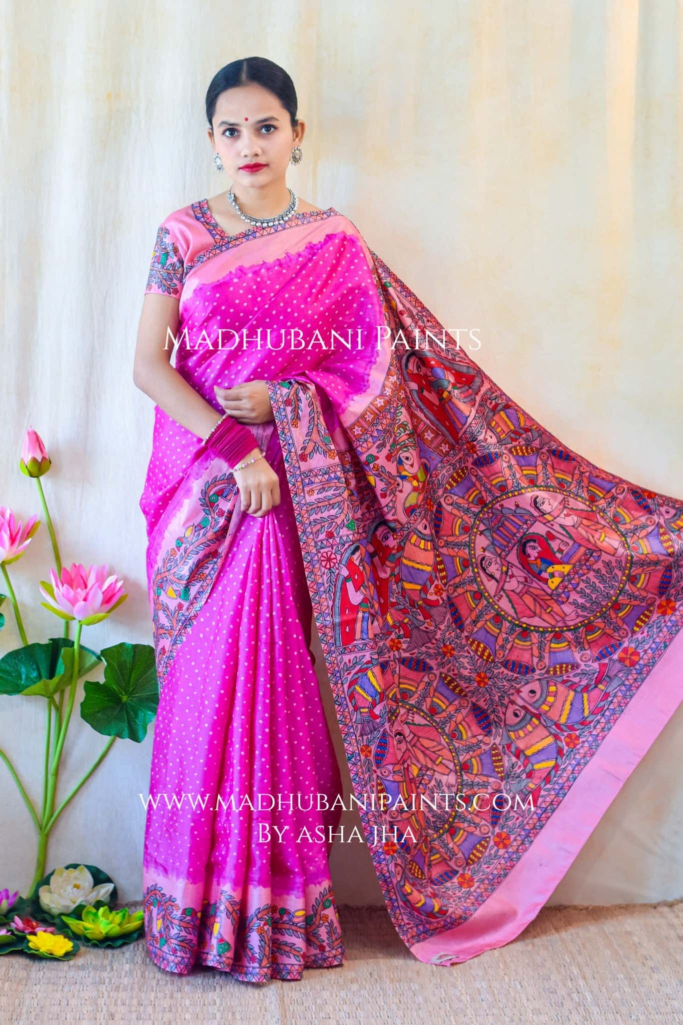GULABI MAHFA Hand-painted Madhubani Tussar Silk Saree Blouse Set — image 2 of 10