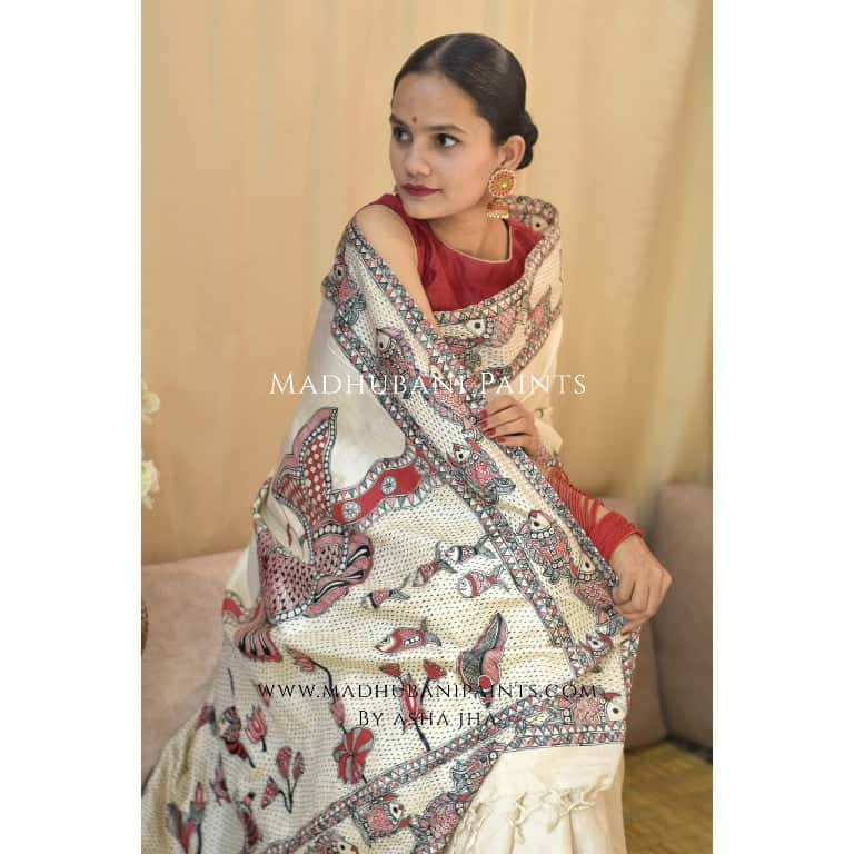 'MATSYA AVATAR' Handpainted Madhubani Tussar Silk Saree — image 4 of 12