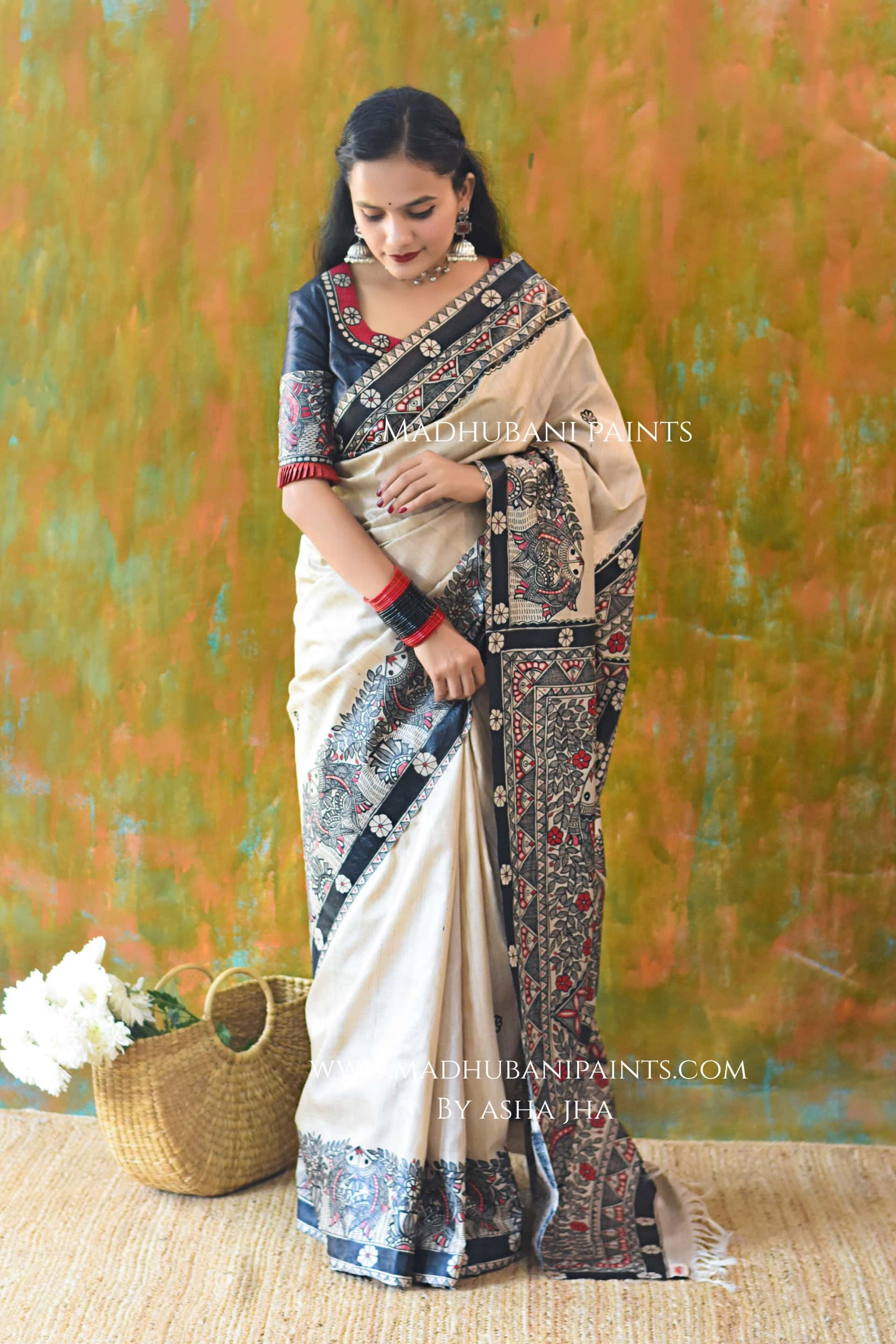'SAGARIKA' Hand-painted Madhubani Tussar Silk Saree Blouse Set — image 5 of 8