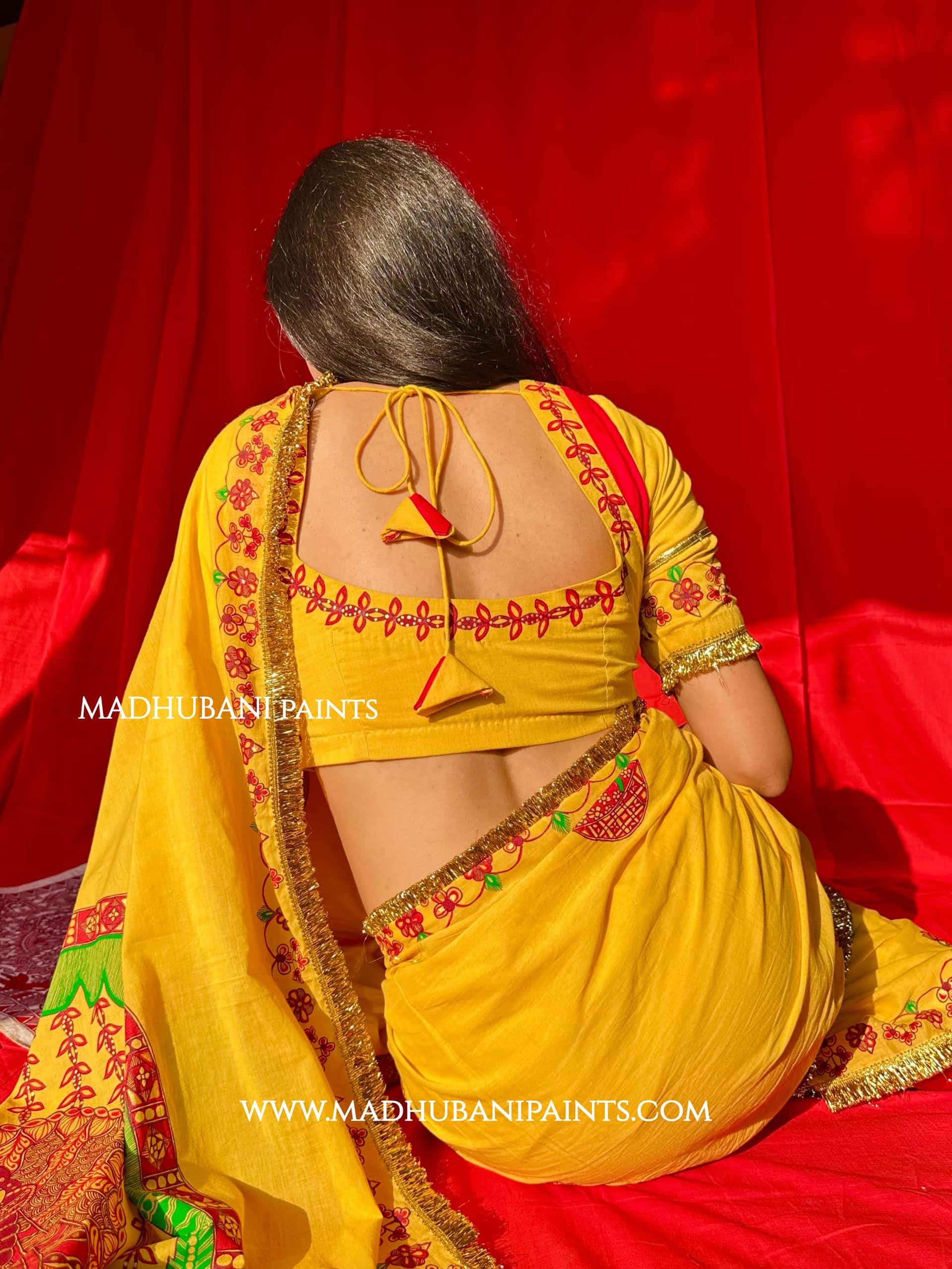 Swayambar Bihari Bridal Hand-painted Madhubani Painting Cotton Saree Blouse Set — image 2 of 12
