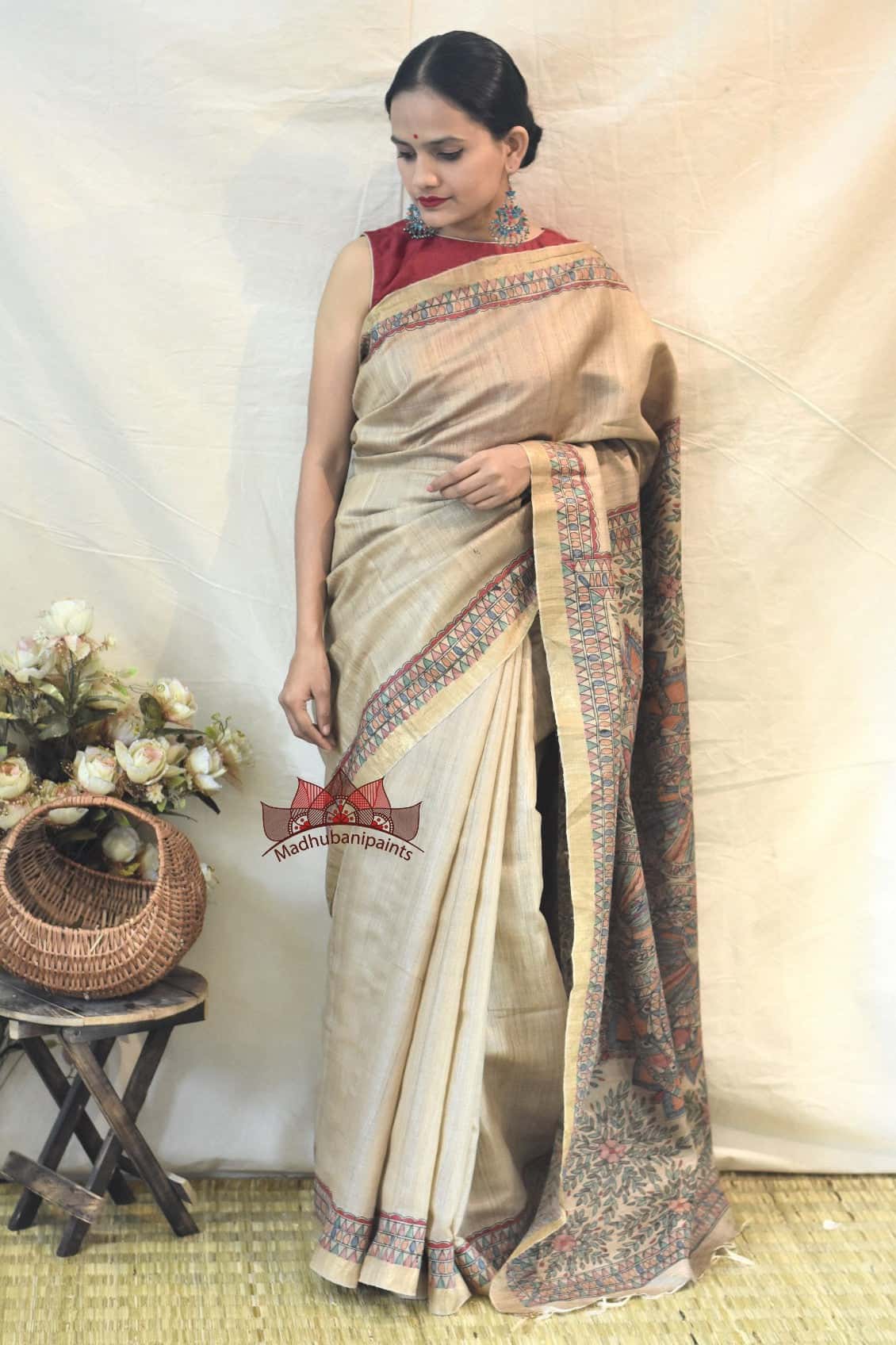 Peacock On Tree Handpainted Silk Saree — image 2 of 5