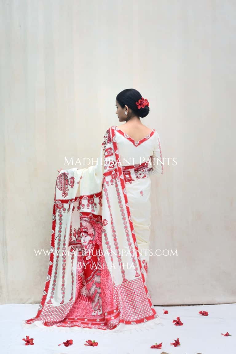 'BRAHMCHARINI' Handpainted Madhubani Bishnupuri Silk Saree Blouse Set — image 10 of 12