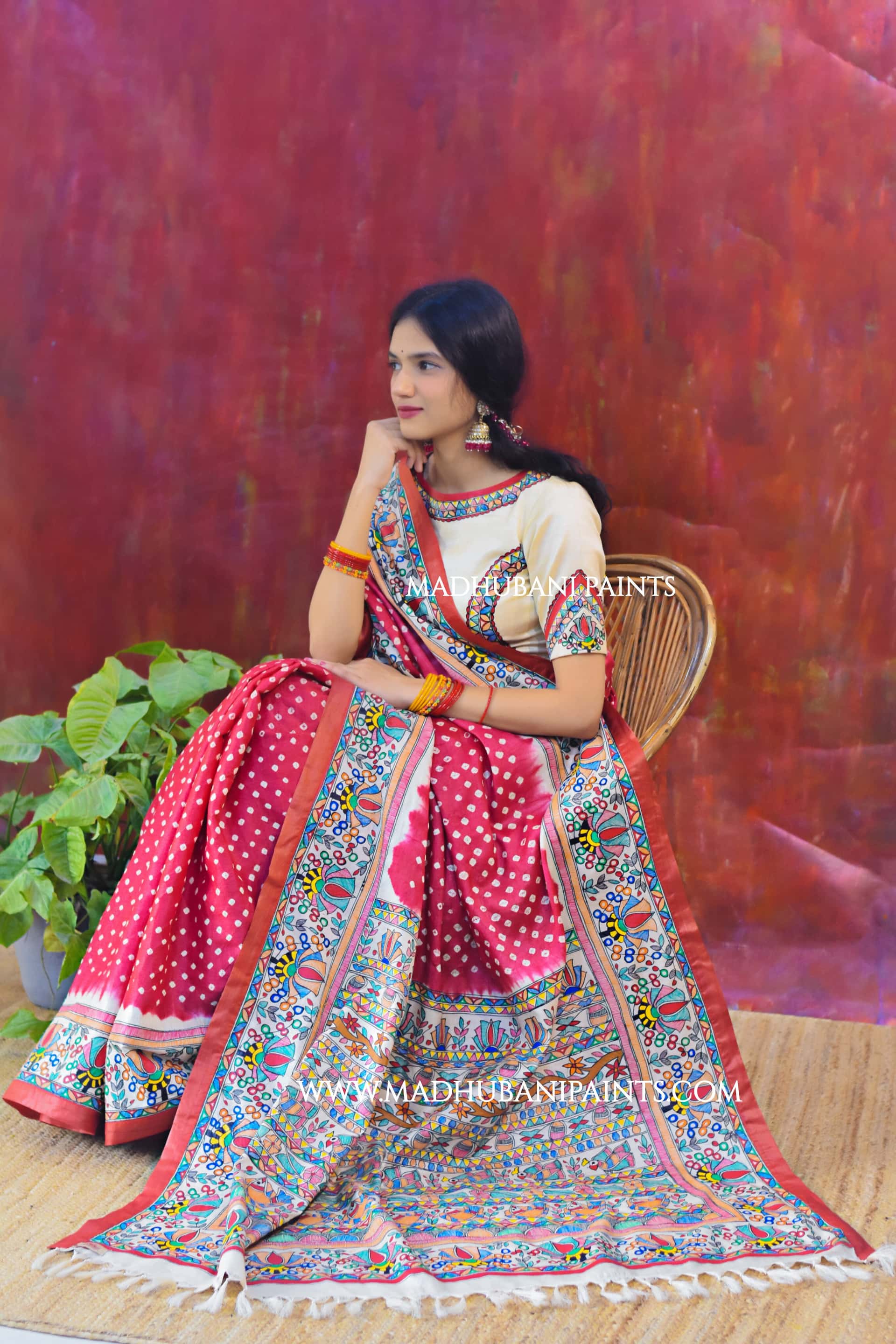 LAALI Handpainted Tussar Silk Bandhini Madhubani Saree Blouse Set — image 4 of 9