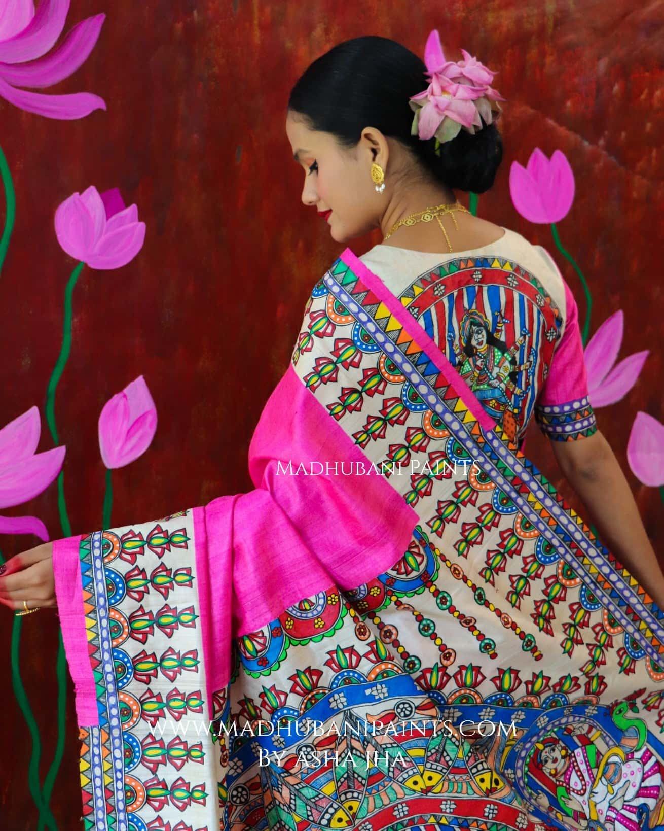 'PADMANABHA SAHODARI' Handpainted Madhubani Tussar Silk Saree Blouse Set — image 4 of 12