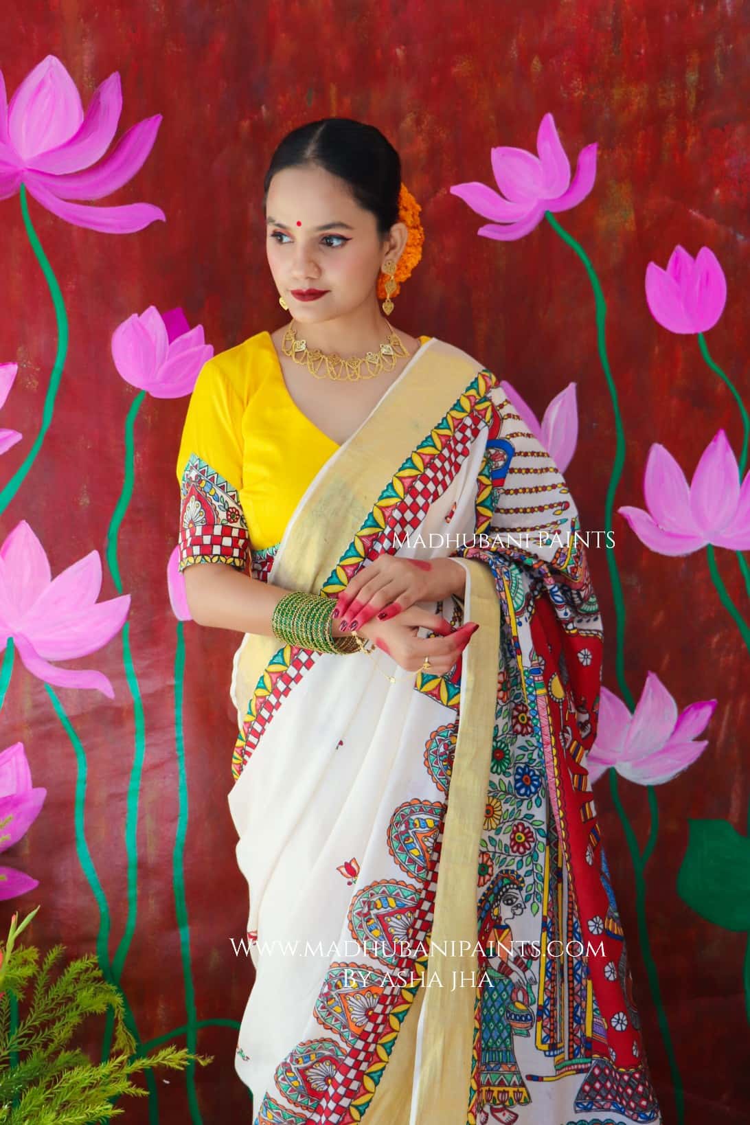 'ROOPVARDHINI' Handpainted Madhubani Cotton Saree — image 5 of 9