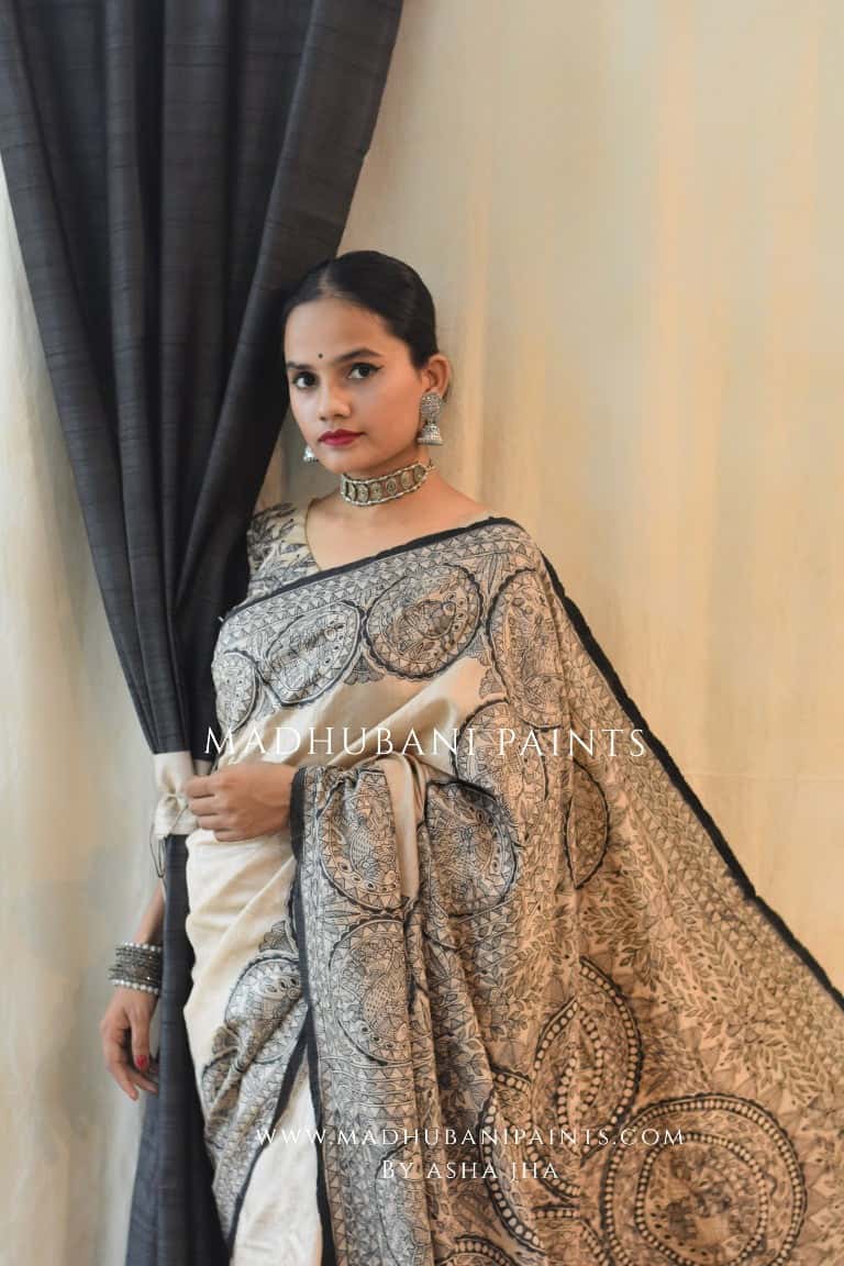 'MORNI' Handpainted Madhubani Tussar Silk Saree Blouse Set — image 8 of 10