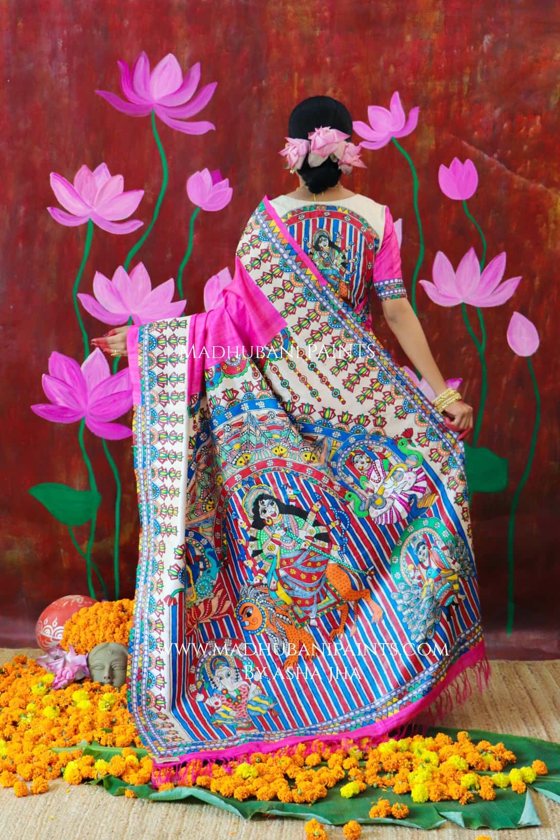 'PADMANABHA SAHODARI' Handpainted Madhubani Tussar Silk Saree Blouse Set — image 7 of 12