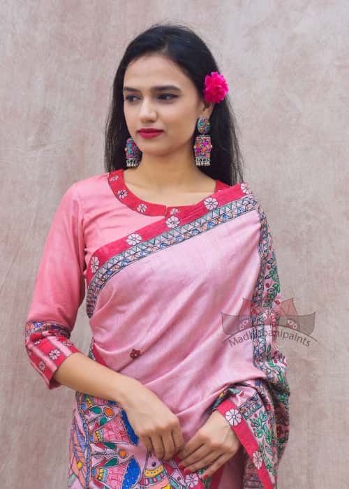 'GULABI DOLI' Handpainted Madhubani Tussar Silk Blouse — image 4 of 5