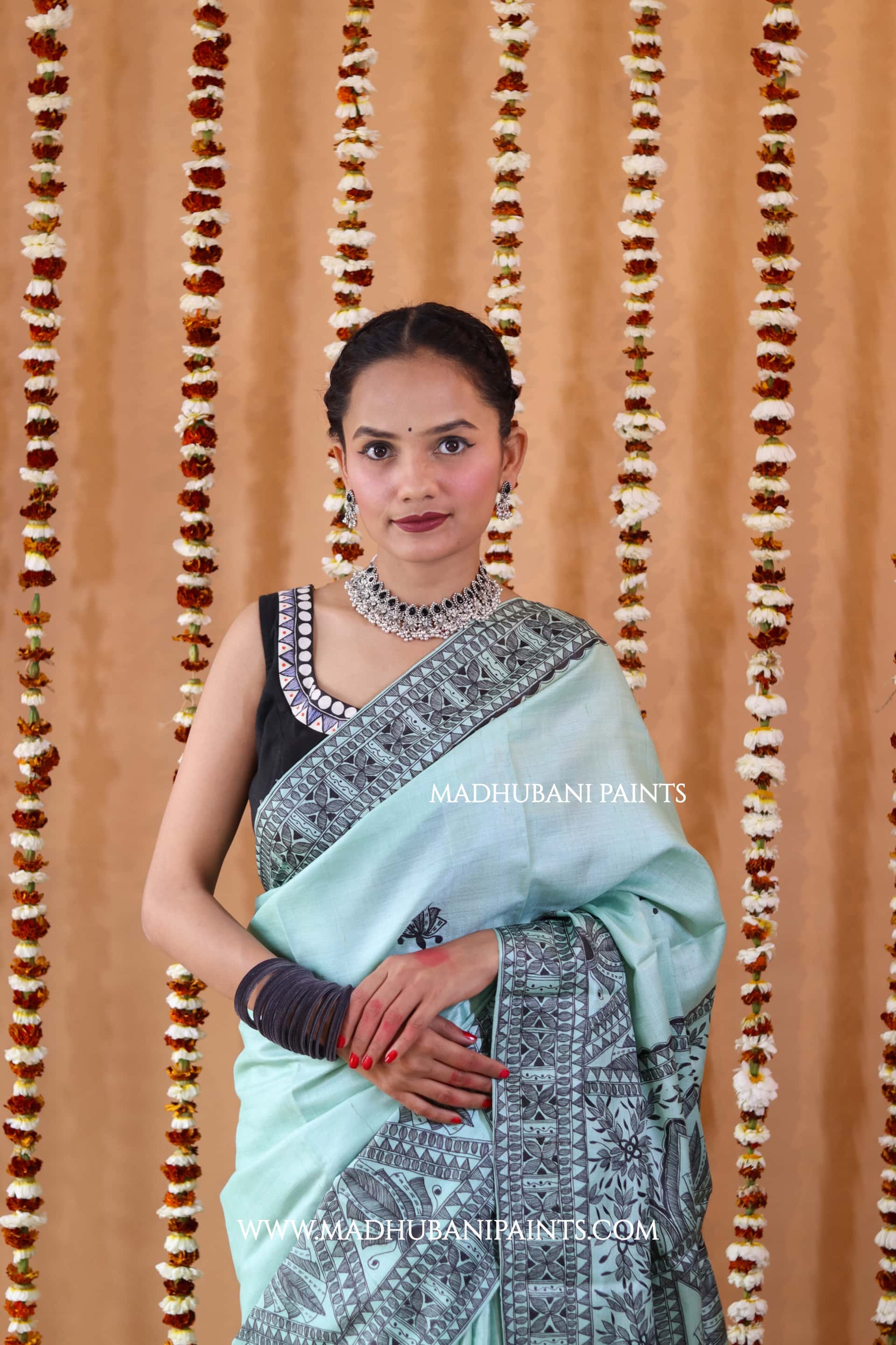SAANKH KAMAL MANDALA Hand-painted Madhubani Tussar Silk Saree Blouse Set — image 2 of 11