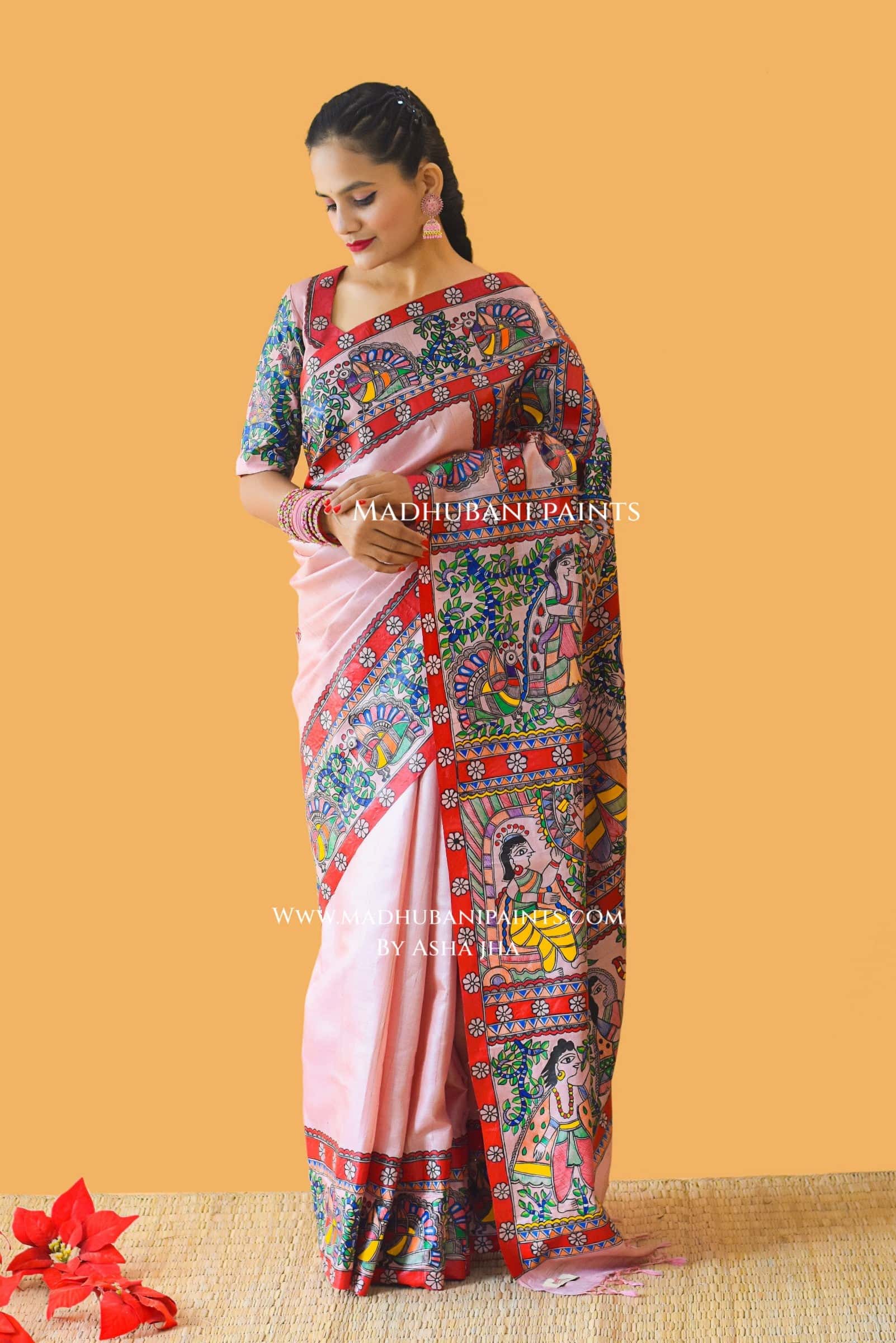 "RAMAYAN STUTI" Hand-painted Madhubani Tussar Silk Saree — image 5 of 6