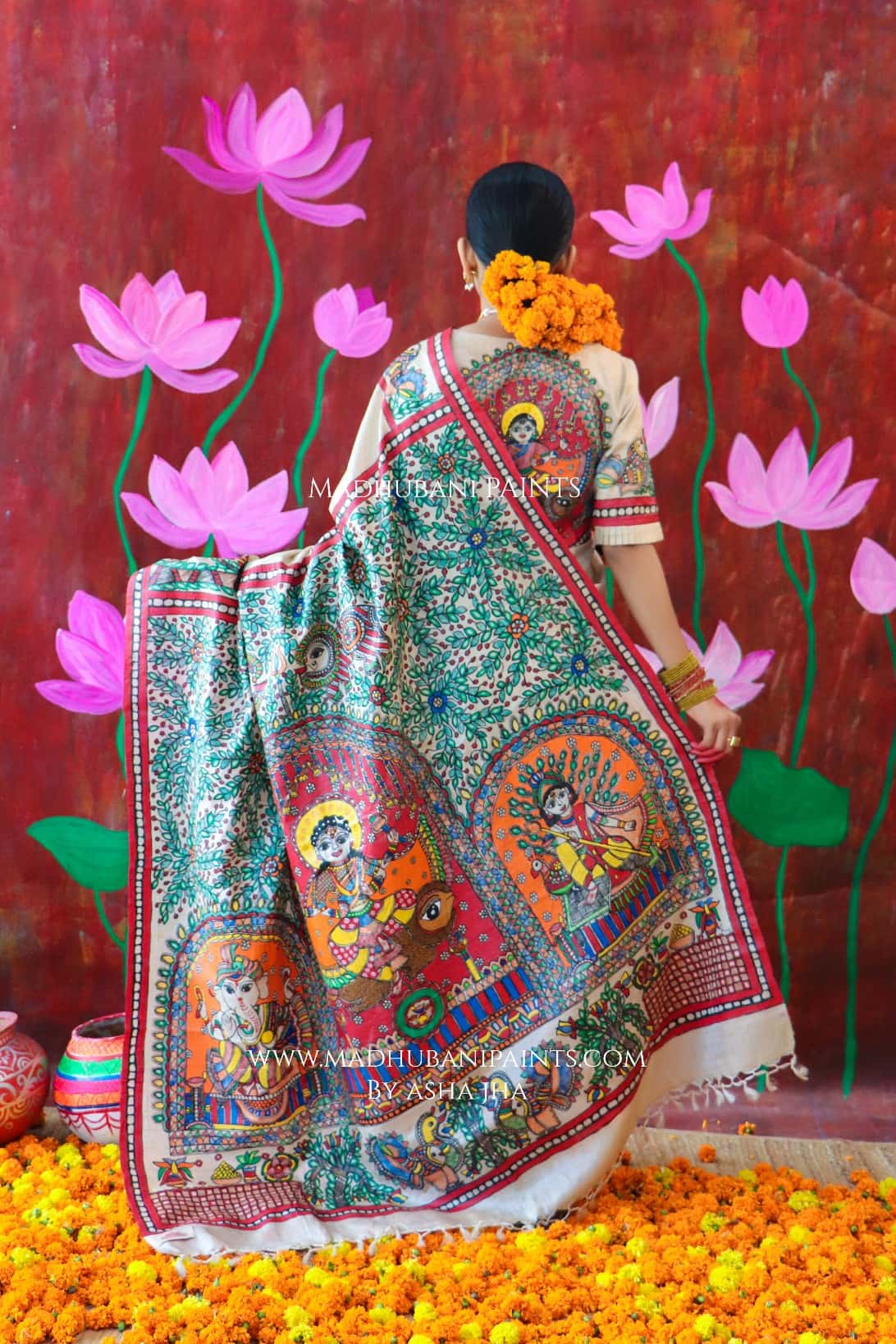 'MALINI' Handpainted Madhubani Tussar Silk Saree Blouse Set — image 3 of 11