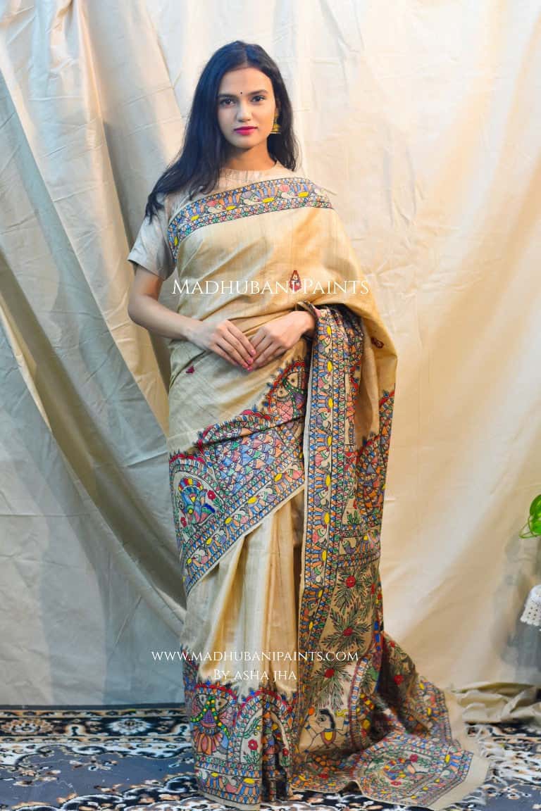 'SHYAM LEELA' Handpainted Madhubani Tussar Silk Saree — image 3 of 4