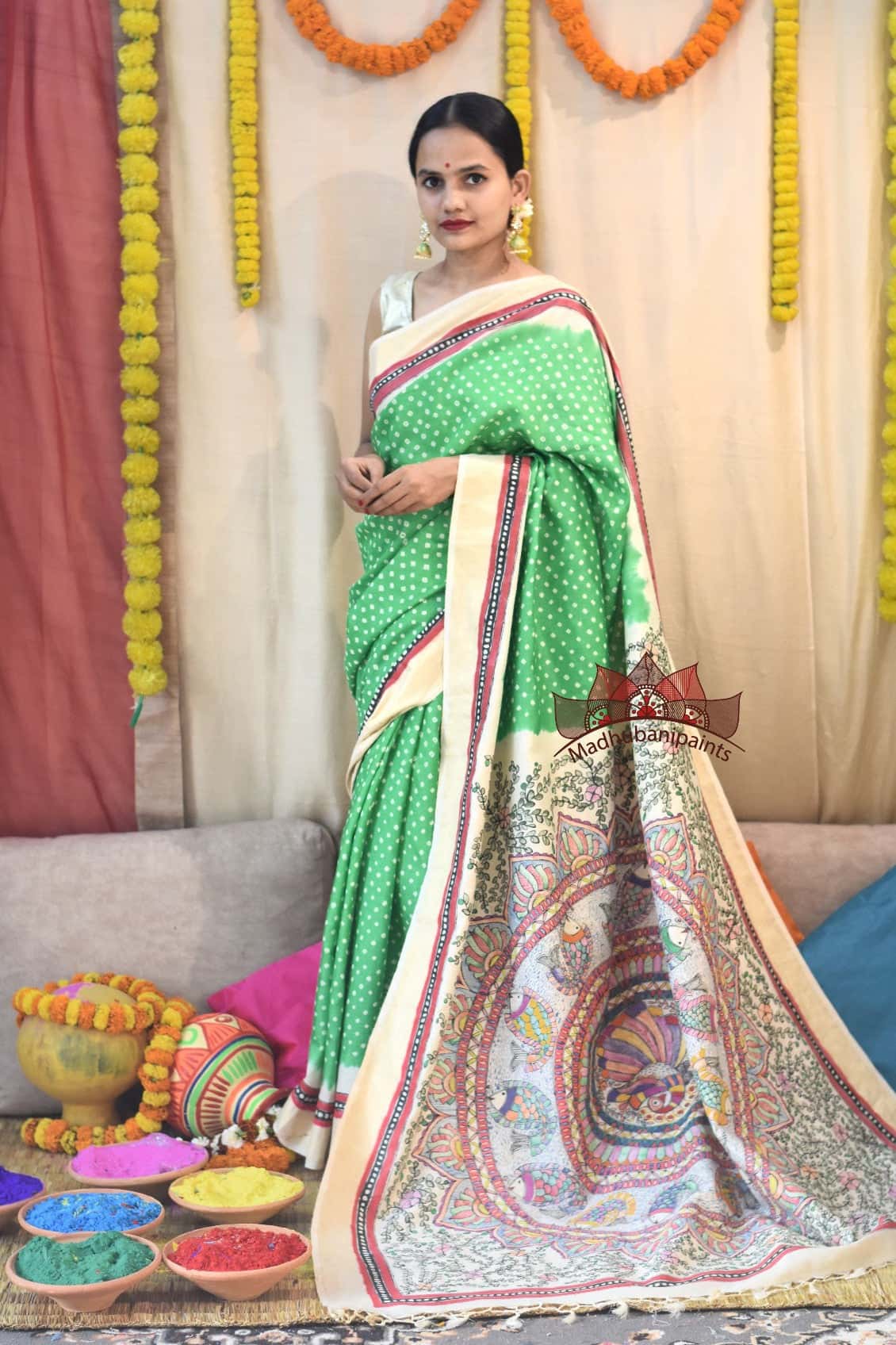 Madhubani Hariyali Bageecha Bandhej Hand Painted Saree — image 3 of 6