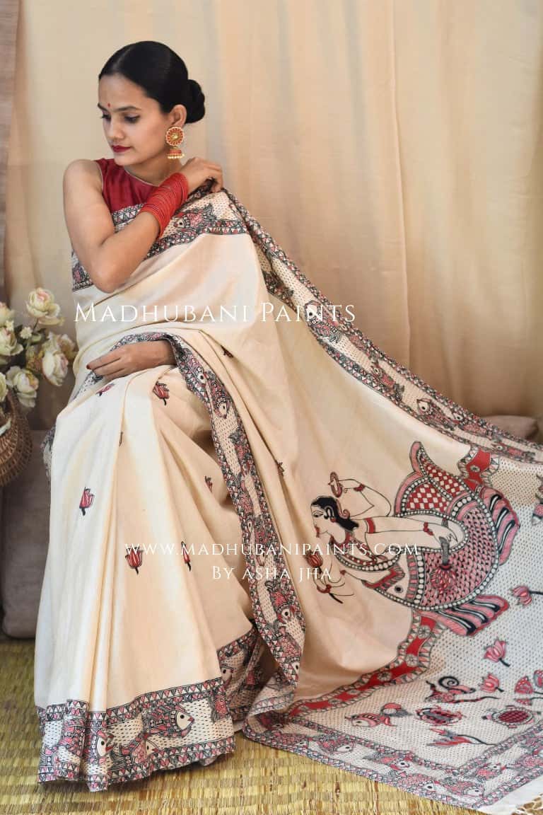 'MATSYA AVATAR' Handpainted Madhubani Tussar Silk Saree — image 8 of 12