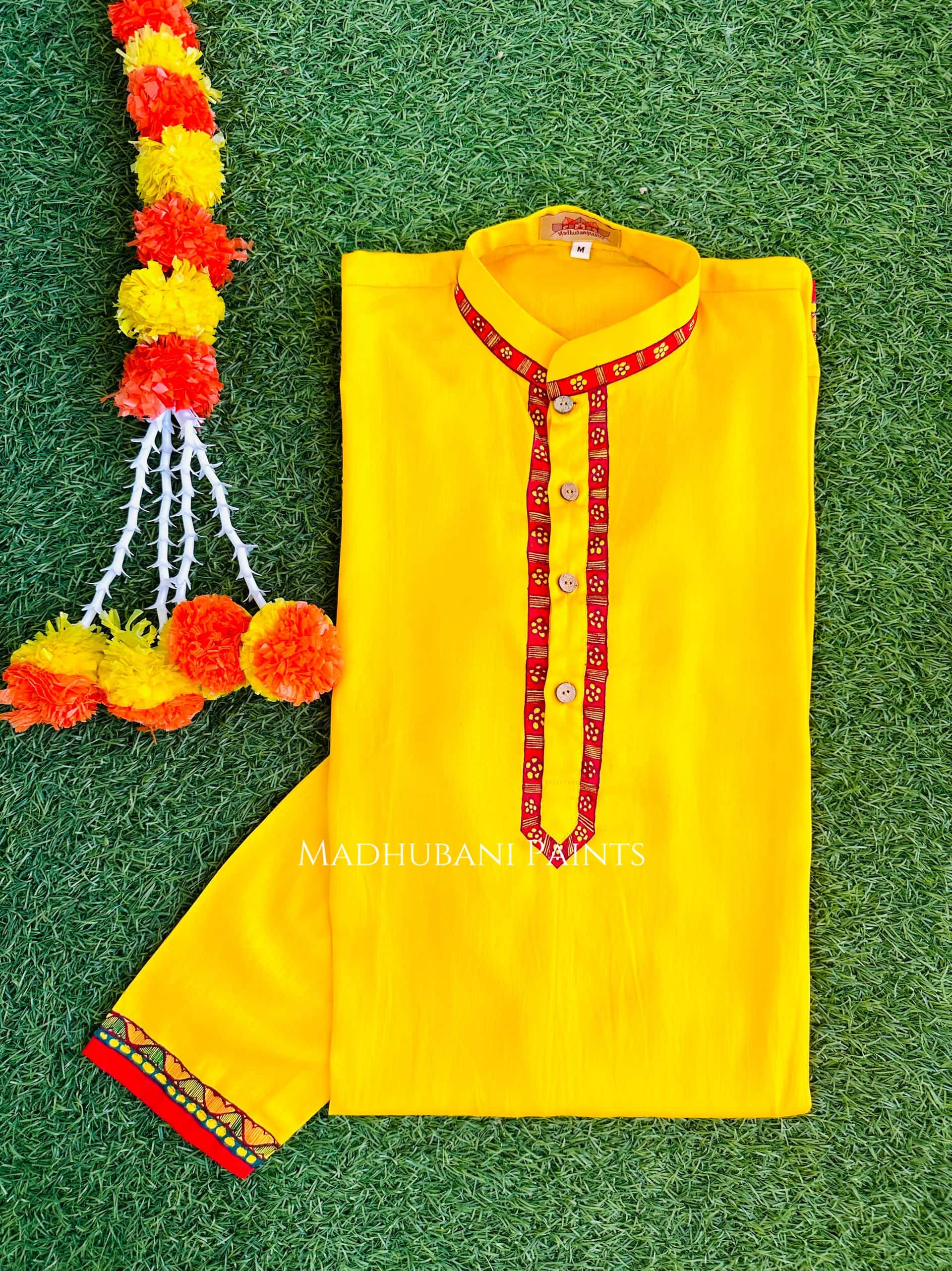 Sunehri Chhath Puja Hand-painted  Madhubani Men's Cotton Kurta — image 2 of 5