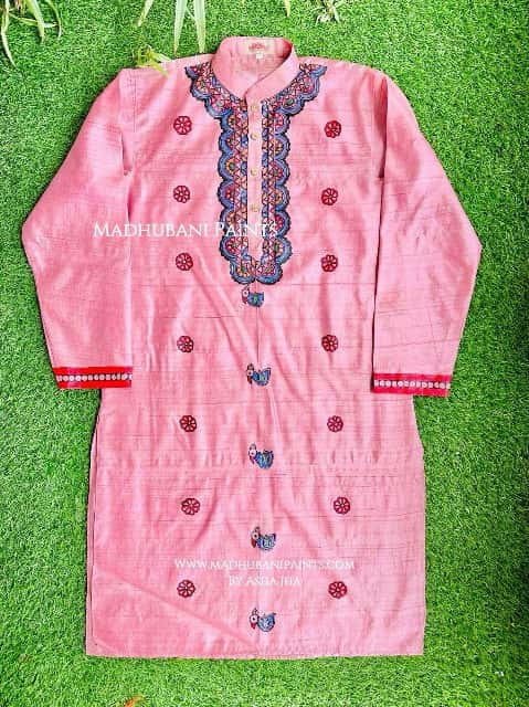 Pink Mithila Flowers Hand-painted  Madhubani Men's Tussar Silk Kurta — image 3 of 5