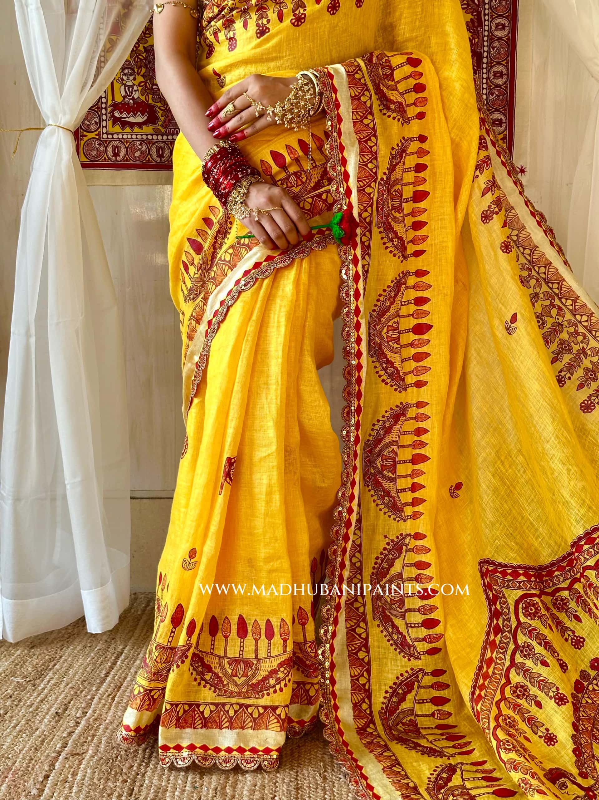 Haldi Bridal Hand-painted Madhubani Painting Saree Blouse Set — image 11 of 11