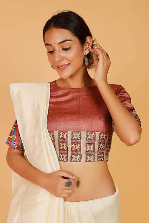 'Mithila Bride' Handpainted Madhubani Tussar Silk Blouse — image 2 of 10