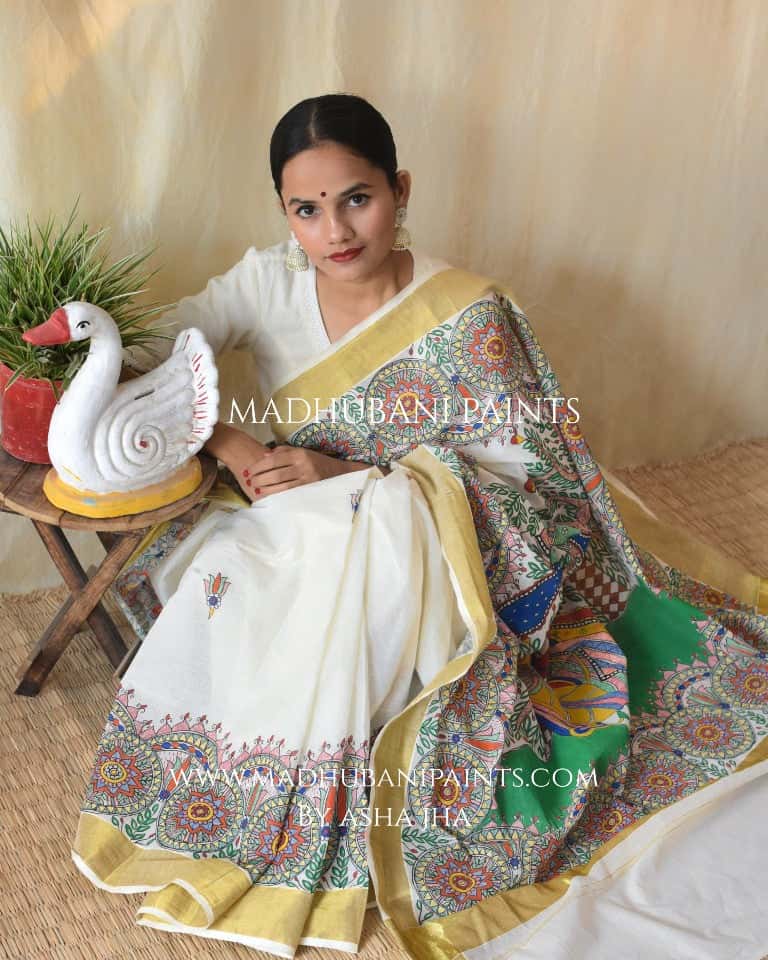 'VRINDAVAN KRISHNA' Handpainted Madhubani Cotton Saree — image 3 of 7
